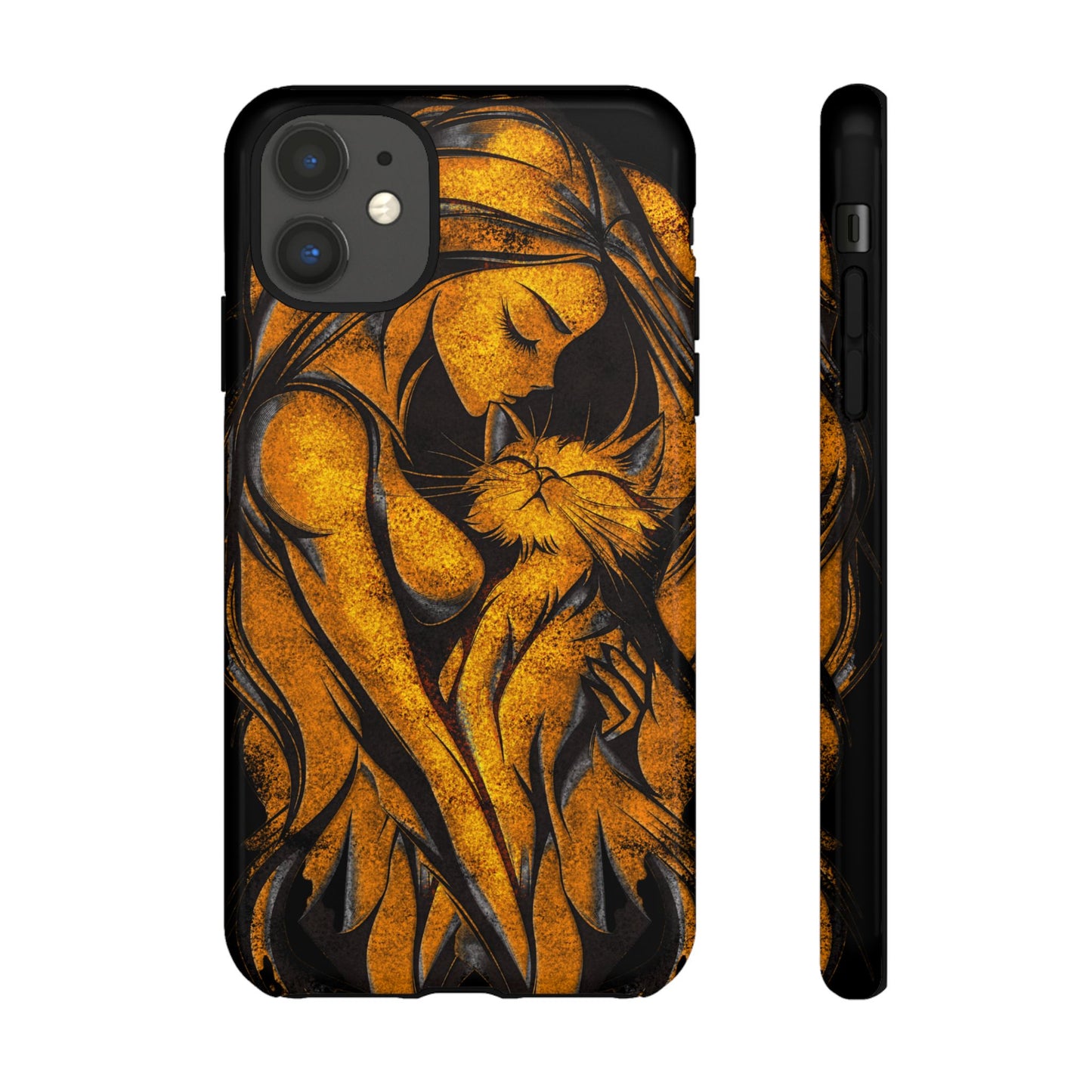 Phone Tough Case, Woman Hugging Cat, Gold on Black, Gift for Cat Lovers, Protective Case, Mobile Accessories