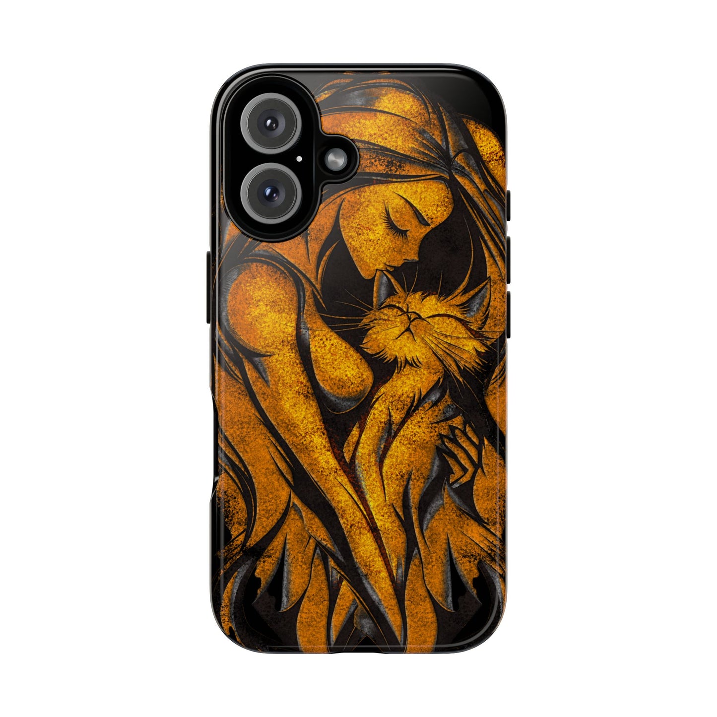 Phone Tough Case, Woman Hugging Cat, Gold on Black, Gift for Cat Lovers, Protective Case, Mobile Accessories