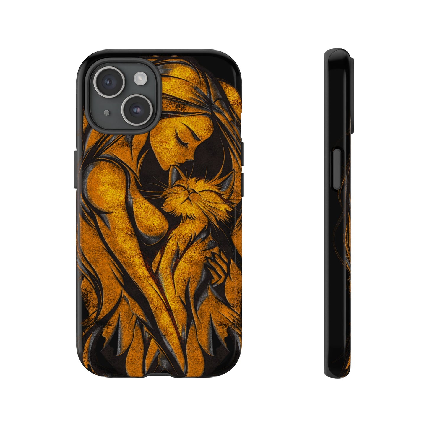 Phone Tough Case, Woman Hugging Cat, Gold on Black, Gift for Cat Lovers, Protective Case, Mobile Accessories