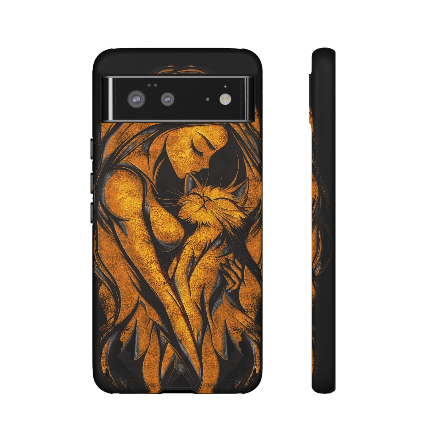 Phone Tough Case, Woman Hugging Cat, Gold on Black, Gift for Cat Lovers, Protective Case, Mobile Accessories