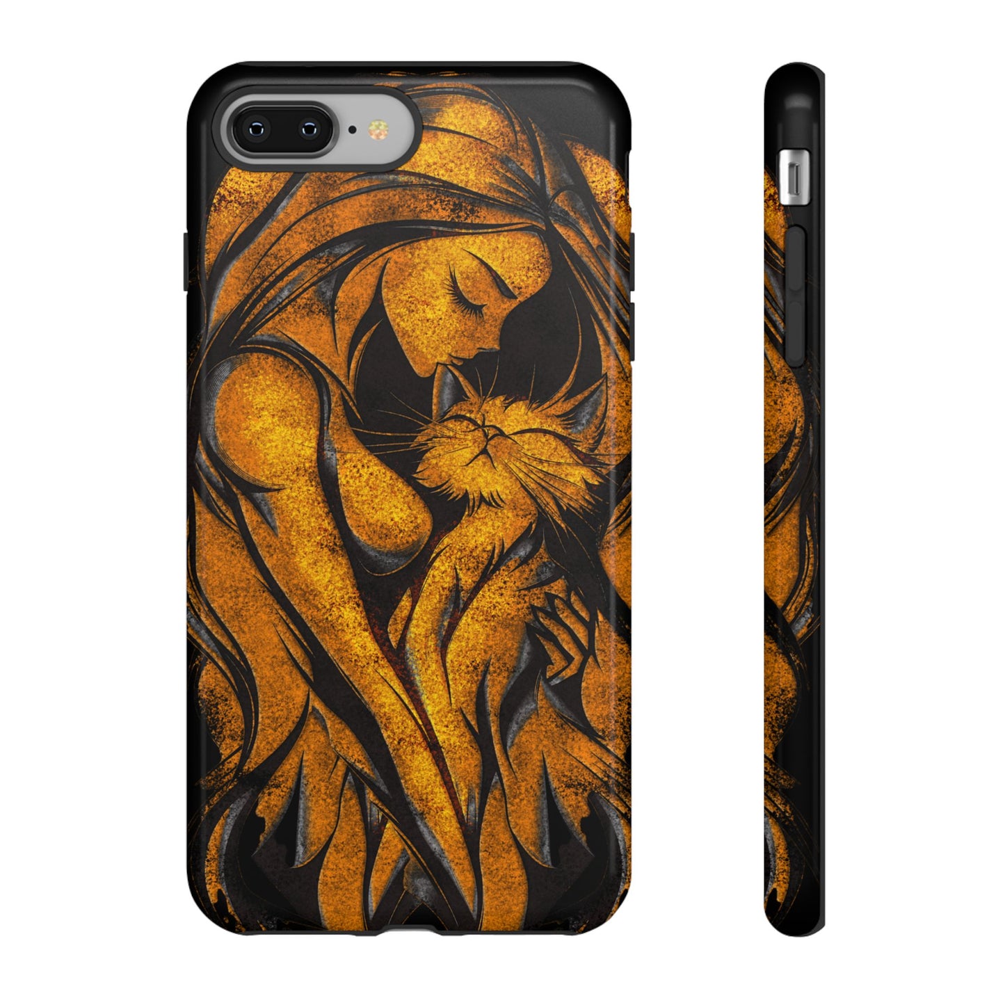 Phone Tough Case, Woman Hugging Cat, Gold on Black, Gift for Cat Lovers, Protective Case, Mobile Accessories