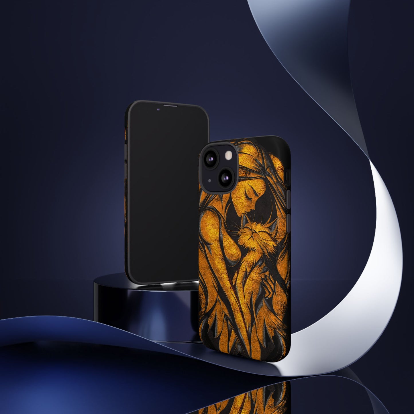 Phone Tough Case, Woman Hugging Cat, Gold on Black, Gift for Cat Lovers, Protective Case, Mobile Accessories