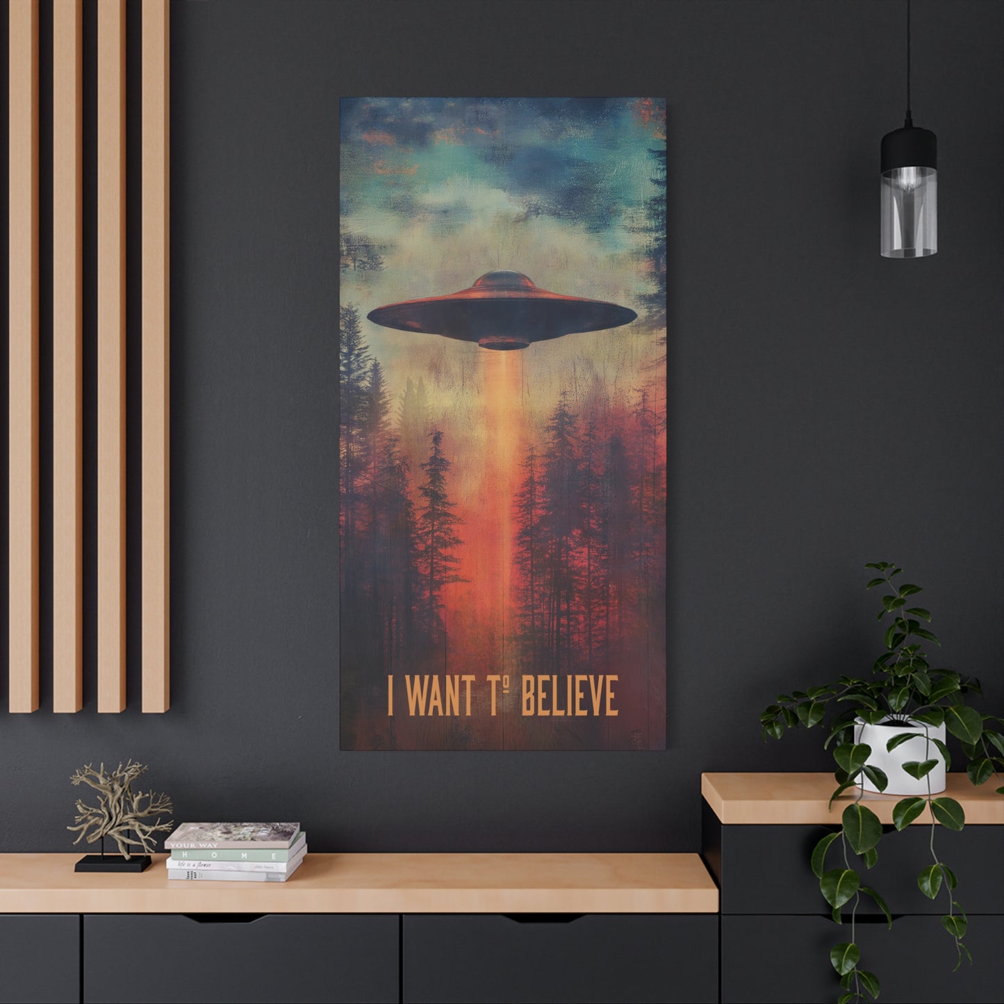 A vertical Canvas Wall Print of - "I Want to Believe" Aliens Sci-Fi Design Theme