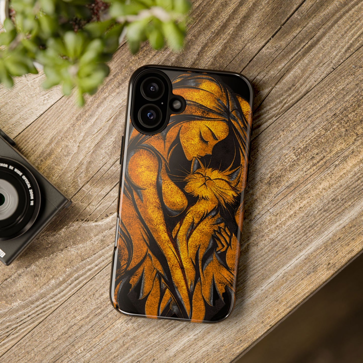 Phone Tough Case, Woman Hugging Cat, Gold on Black, Gift for Cat Lovers, Protective Case, Mobile Accessories