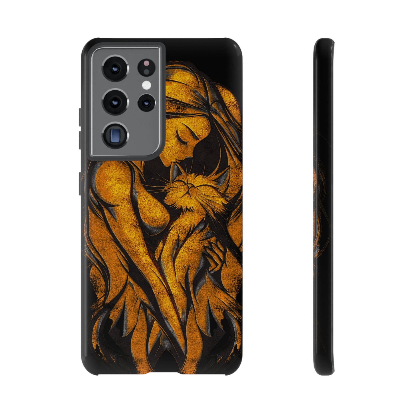 Phone Tough Case, Woman Hugging Cat, Gold on Black, Gift for Cat Lovers, Protective Case, Mobile Accessories