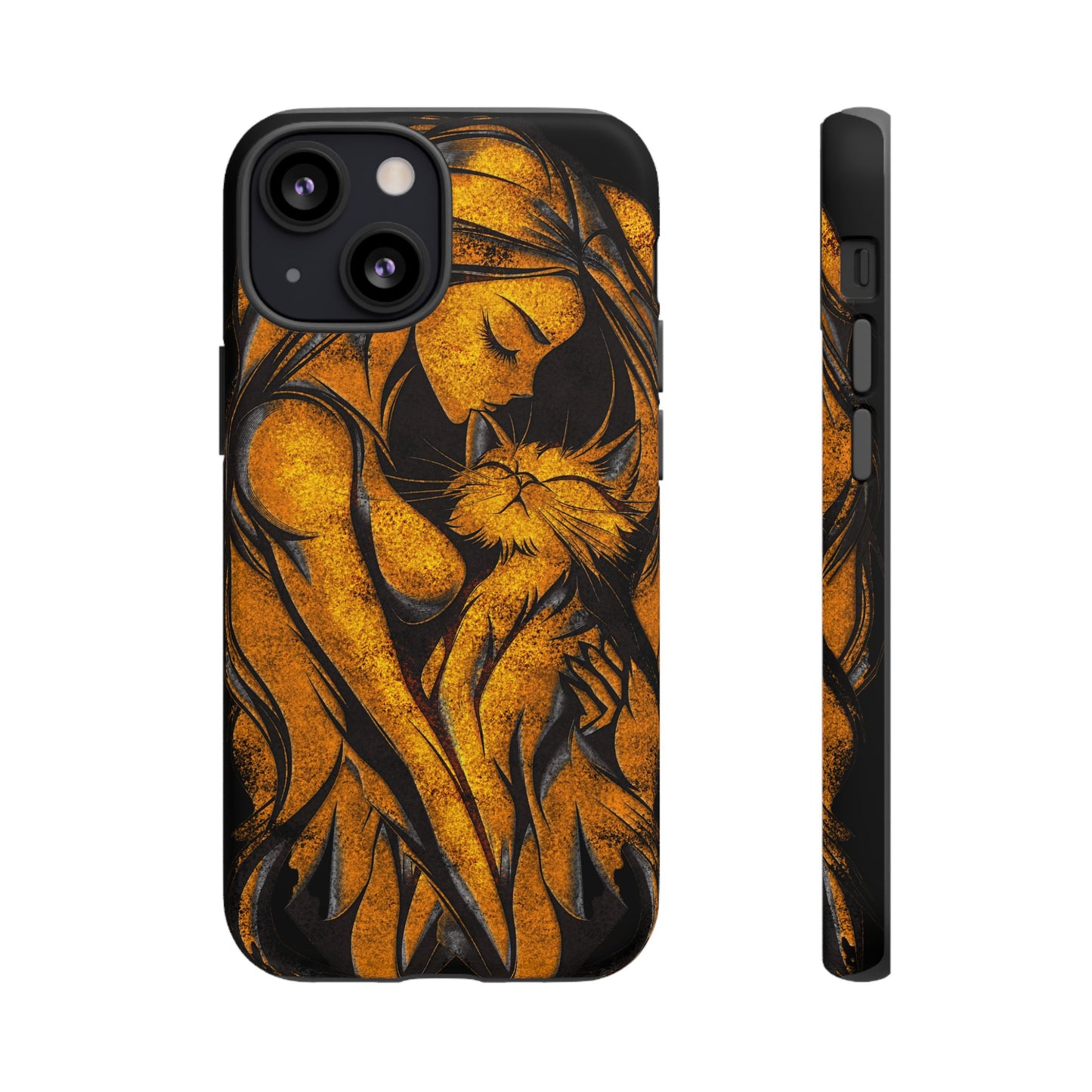 Phone Tough Case, Woman Hugging Cat, Gold on Black, Gift for Cat Lovers, Protective Case, Mobile Accessories
