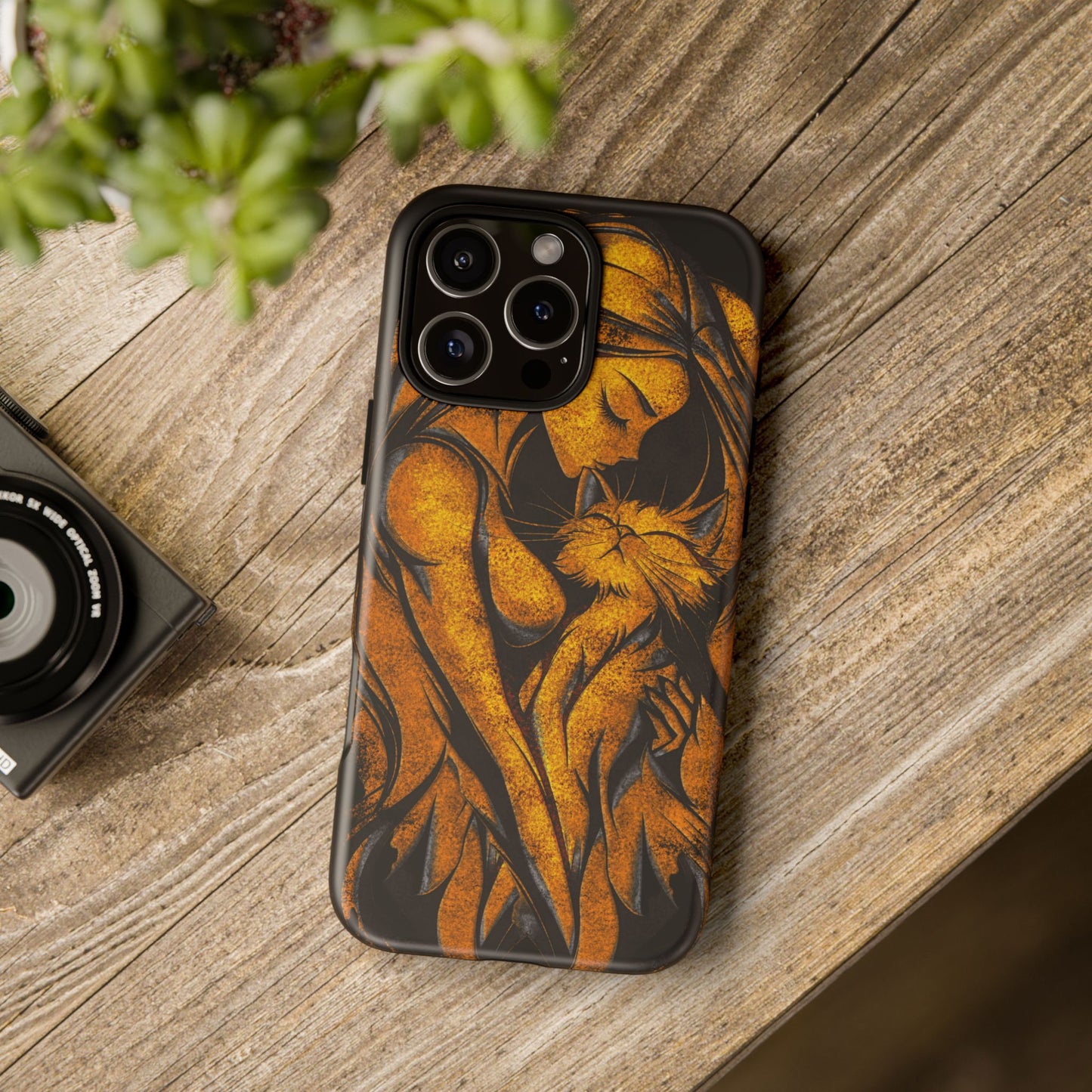 Phone Tough Case, Woman Hugging Cat, Gold on Black, Gift for Cat Lovers, Protective Case, Mobile Accessories