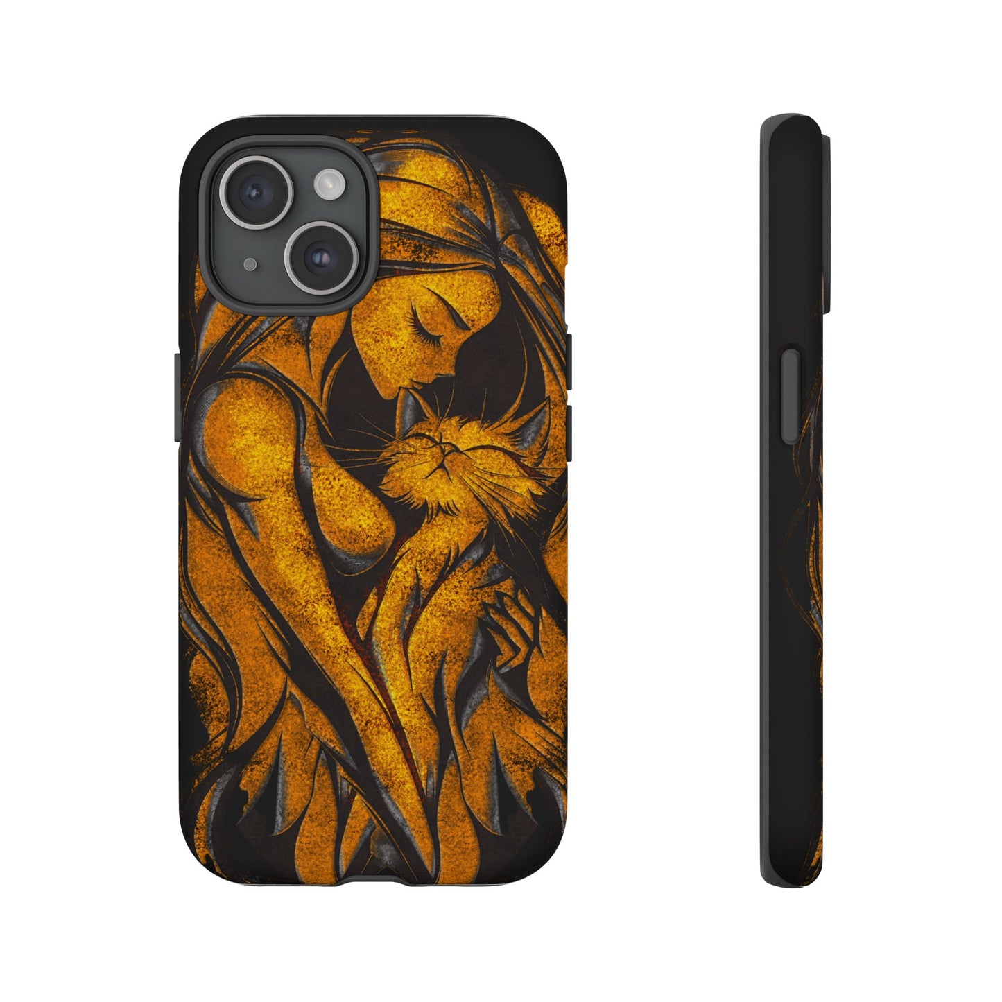 Phone Tough Case, Woman Hugging Cat, Gold on Black, Gift for Cat Lovers, Protective Case, Mobile Accessories