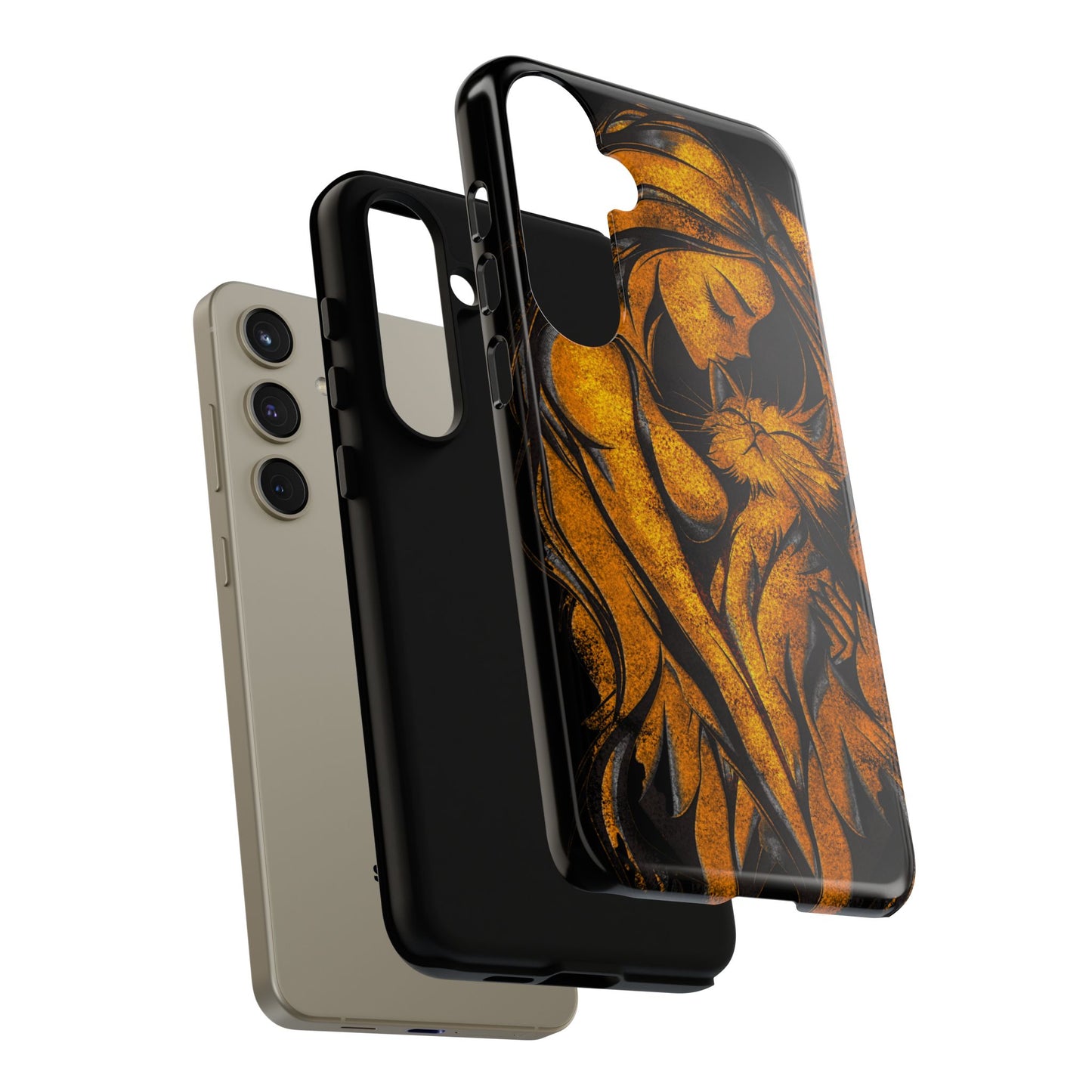 Phone Tough Case, Woman Hugging Cat, Gold on Black, Gift for Cat Lovers, Protective Case, Mobile Accessories