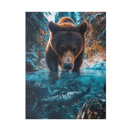 A Vertical Canvas Print of - A Bear Fishing in Winter.