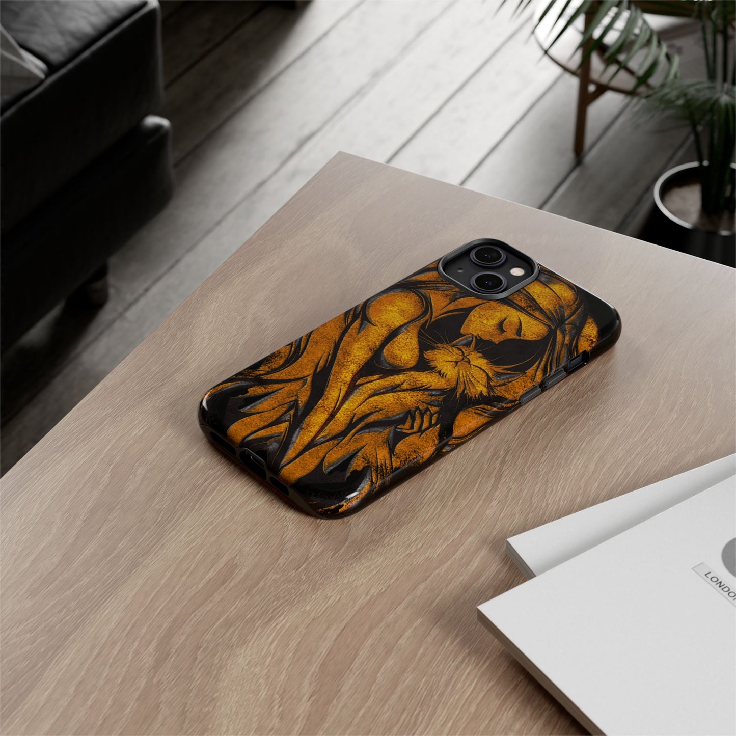 Phone Tough Case, Woman Hugging Cat, Gold on Black, Gift for Cat Lovers, Protective Case, Mobile Accessories