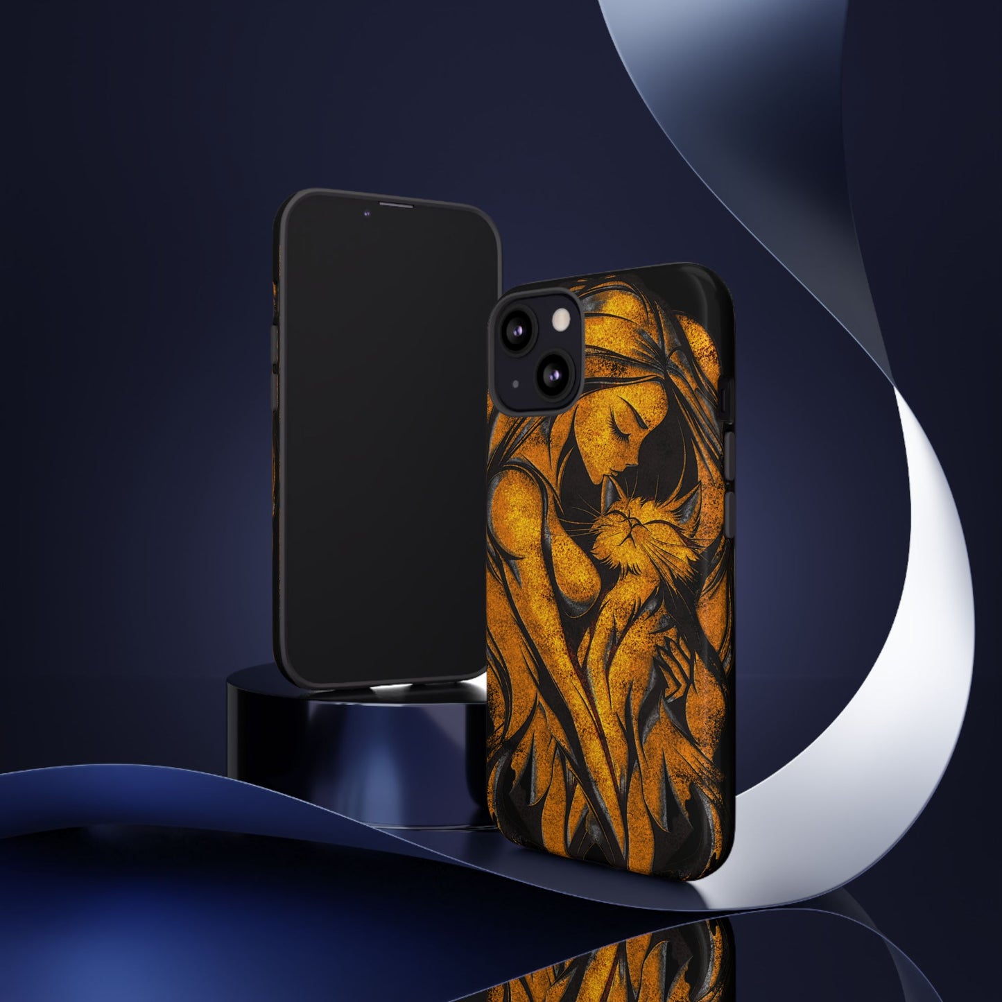 Phone Tough Case, Woman Hugging Cat, Gold on Black, Gift for Cat Lovers, Protective Case, Mobile Accessories