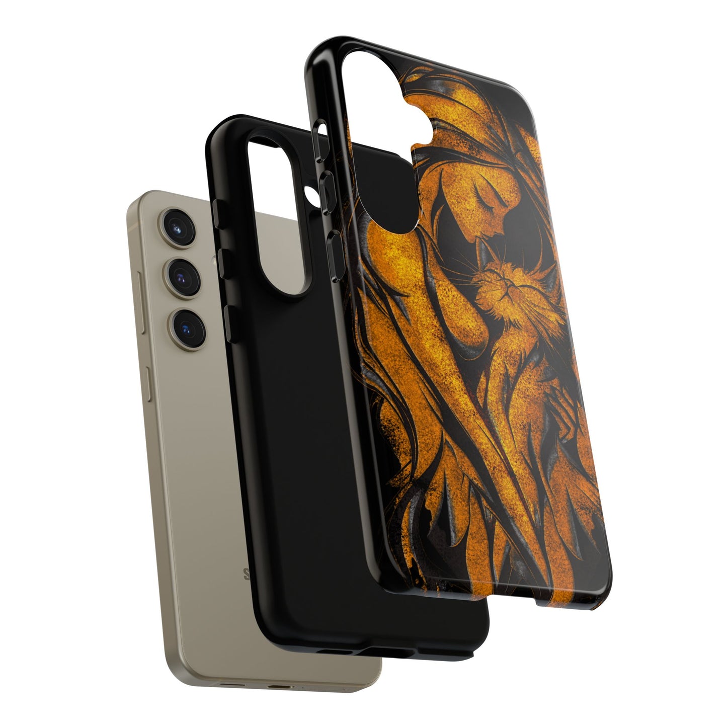Phone Tough Case, Woman Hugging Cat, Gold on Black, Gift for Cat Lovers, Protective Case, Mobile Accessories