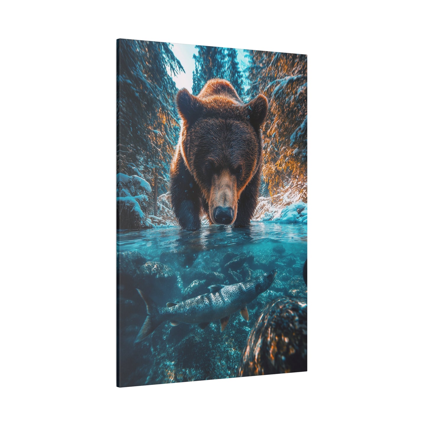 A Vertical Canvas Print of - A Bear Fishing in Winter.