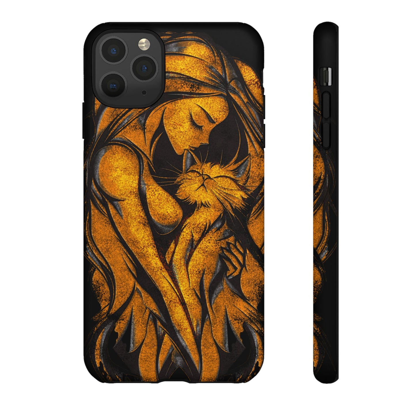 Phone Tough Case, Woman Hugging Cat, Gold on Black, Gift for Cat Lovers, Protective Case, Mobile Accessories