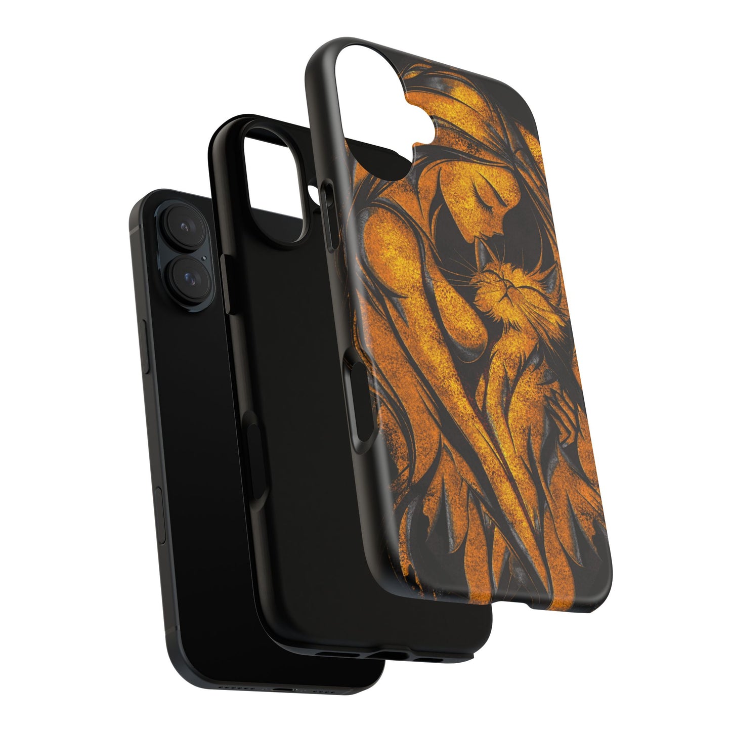 Phone Tough Case, Woman Hugging Cat, Gold on Black, Gift for Cat Lovers, Protective Case, Mobile Accessories