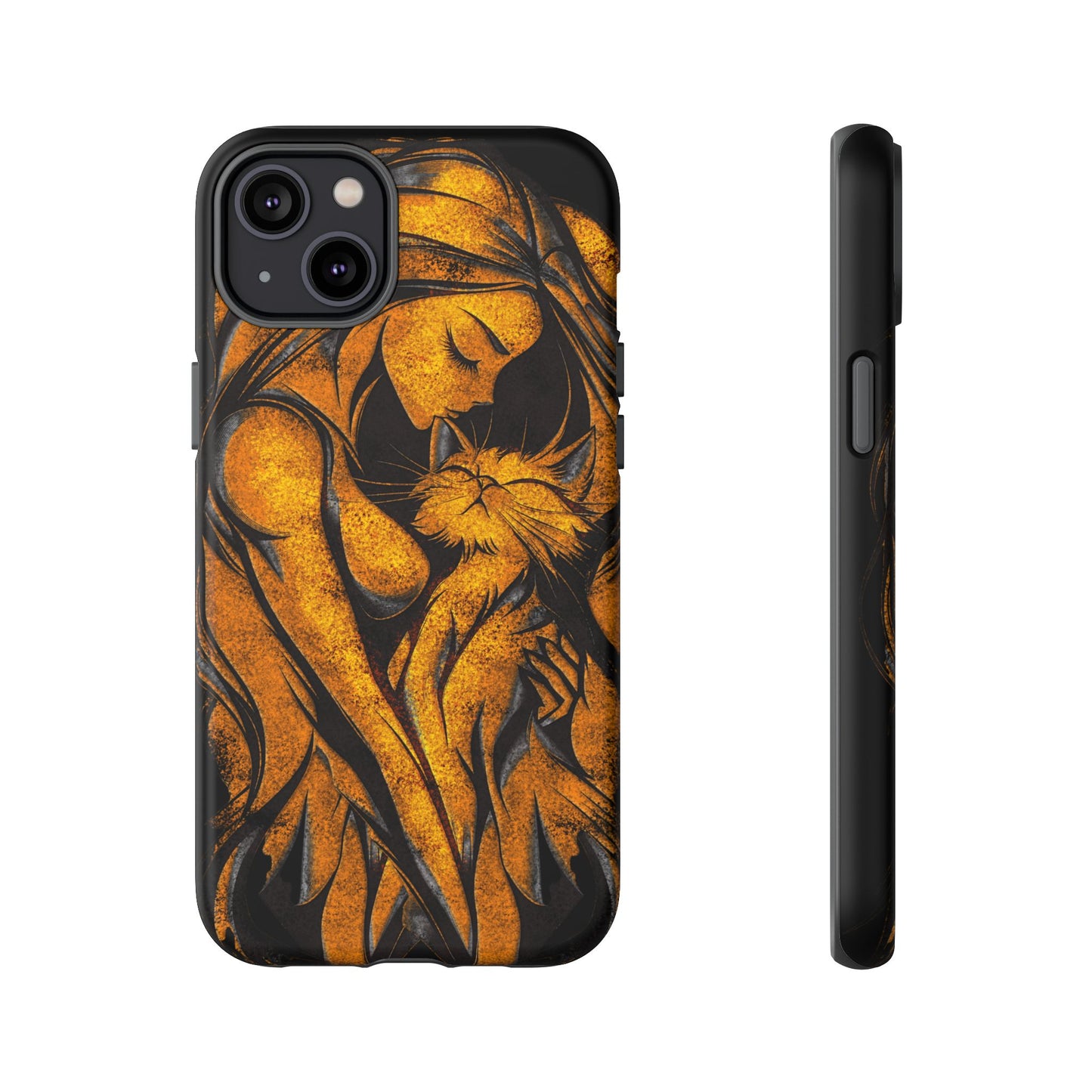 Phone Tough Case, Woman Hugging Cat, Gold on Black, Gift for Cat Lovers, Protective Case, Mobile Accessories