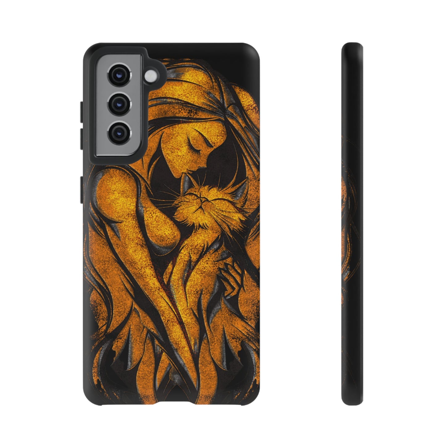 Phone Tough Case, Woman Hugging Cat, Gold on Black, Gift for Cat Lovers, Protective Case, Mobile Accessories