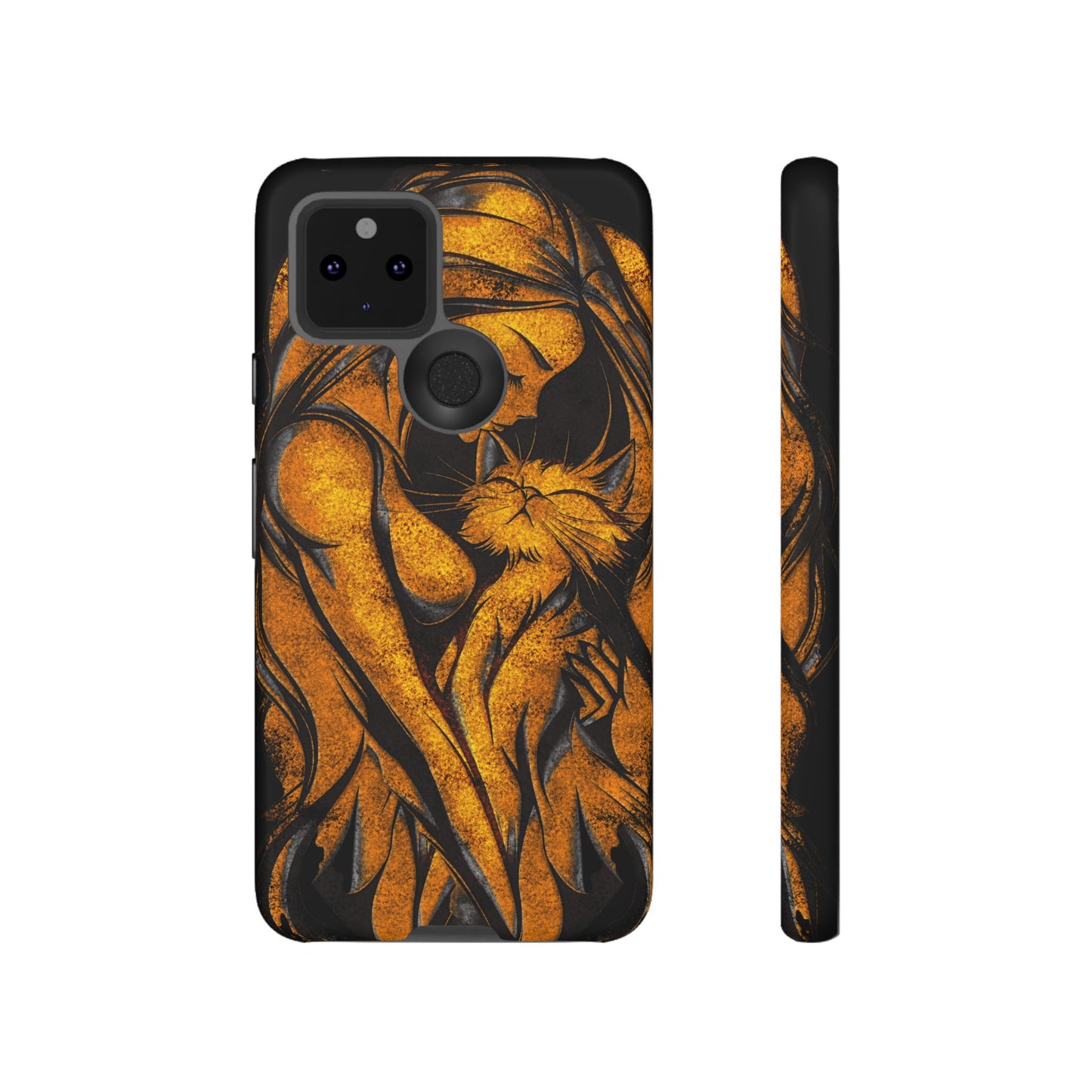 Phone Tough Case, Woman Hugging Cat, Gold on Black, Gift for Cat Lovers, Protective Case, Mobile Accessories