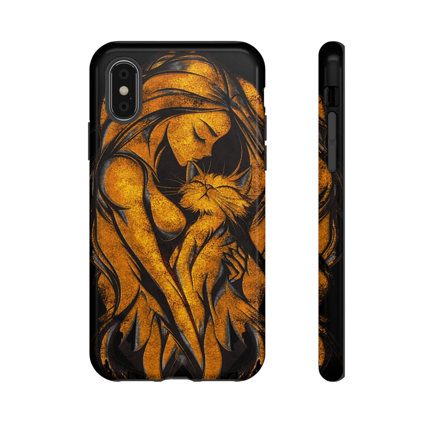 Phone Tough Case, Woman Hugging Cat, Gold on Black, Gift for Cat Lovers, Protective Case, Mobile Accessories