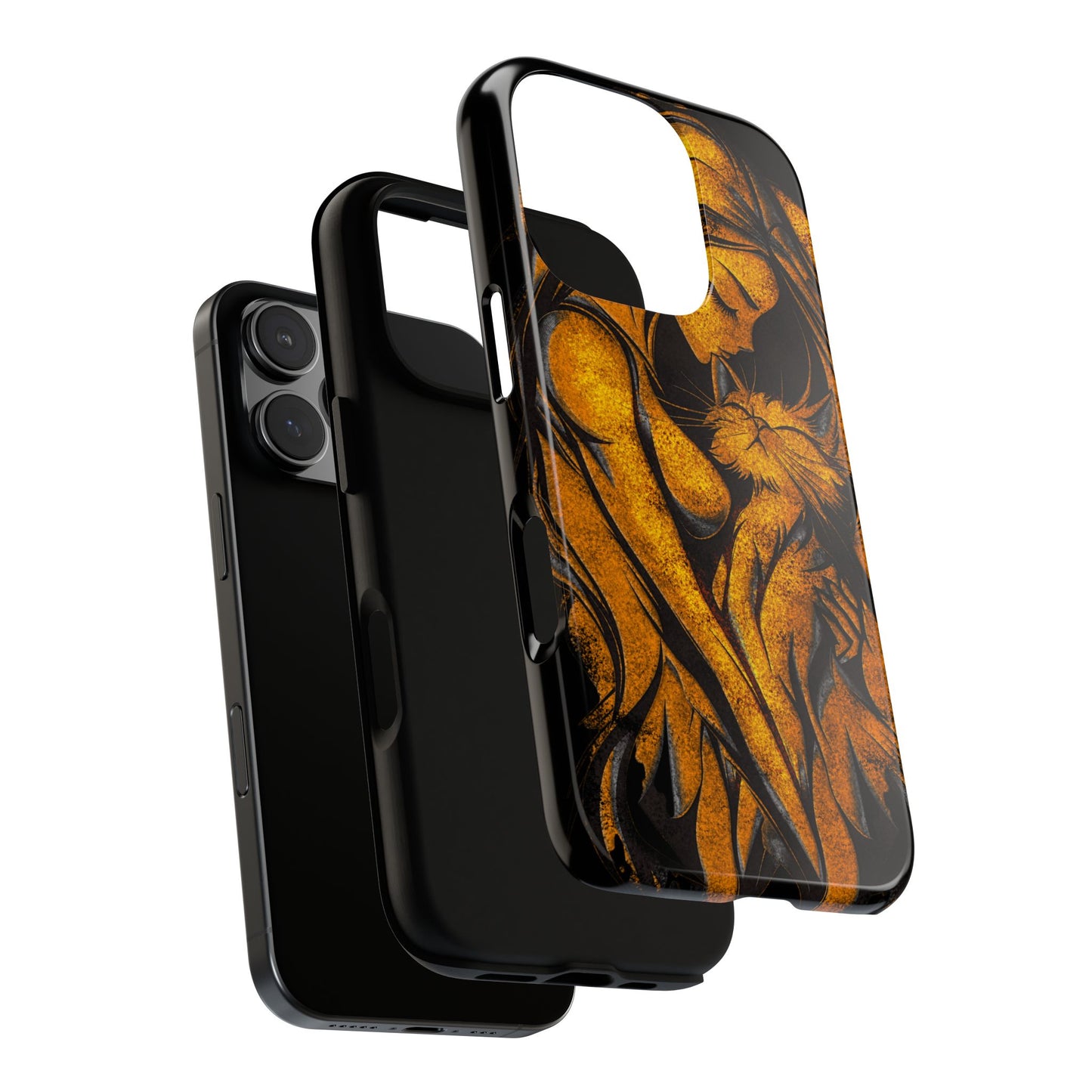 Phone Tough Case, Woman Hugging Cat, Gold on Black, Gift for Cat Lovers, Protective Case, Mobile Accessories