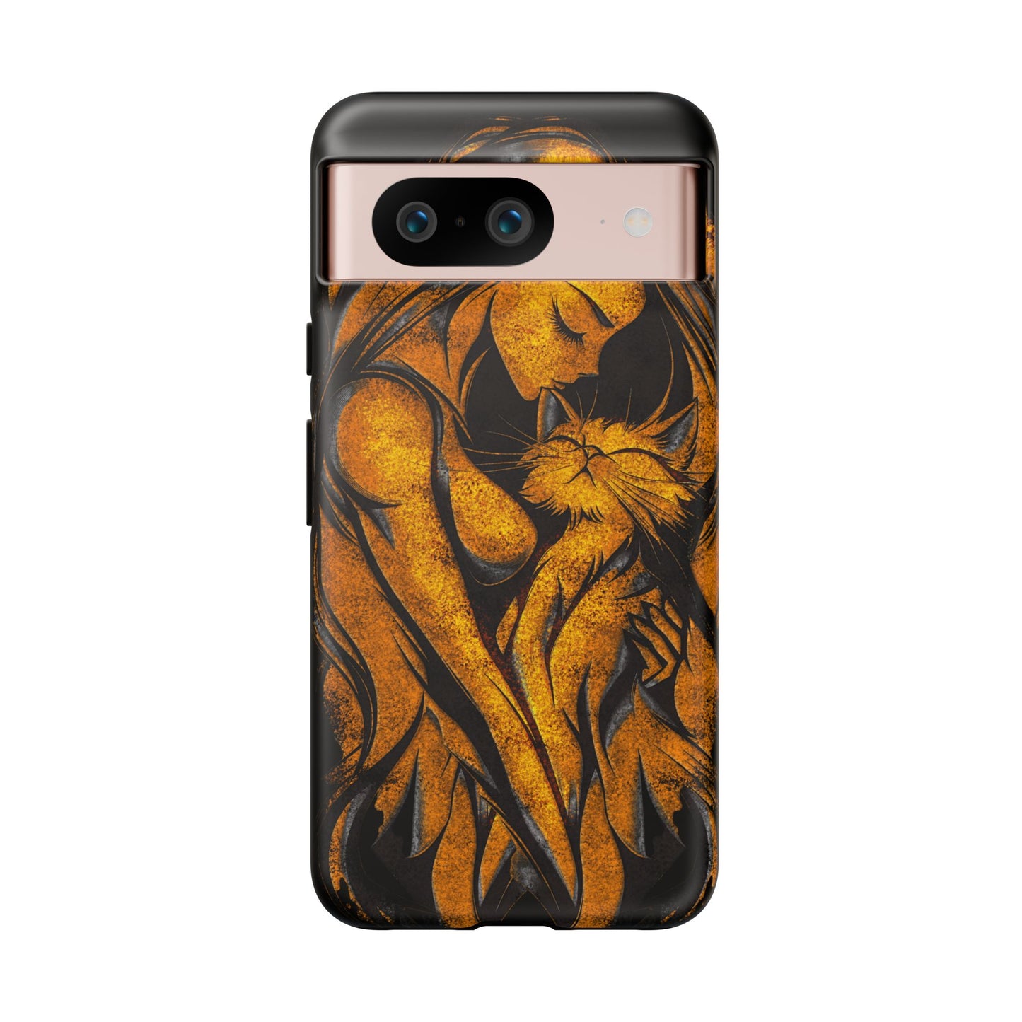 Phone Tough Case, Woman Hugging Cat, Gold on Black, Gift for Cat Lovers, Protective Case, Mobile Accessories