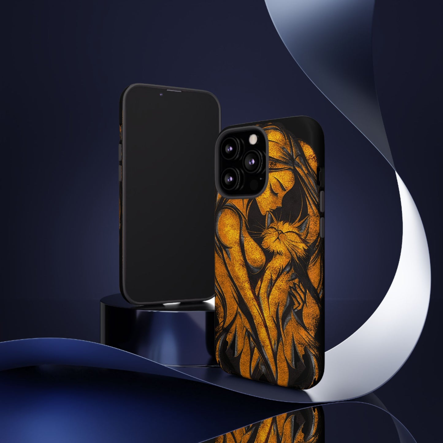 Phone Tough Case, Woman Hugging Cat, Gold on Black, Gift for Cat Lovers, Protective Case, Mobile Accessories