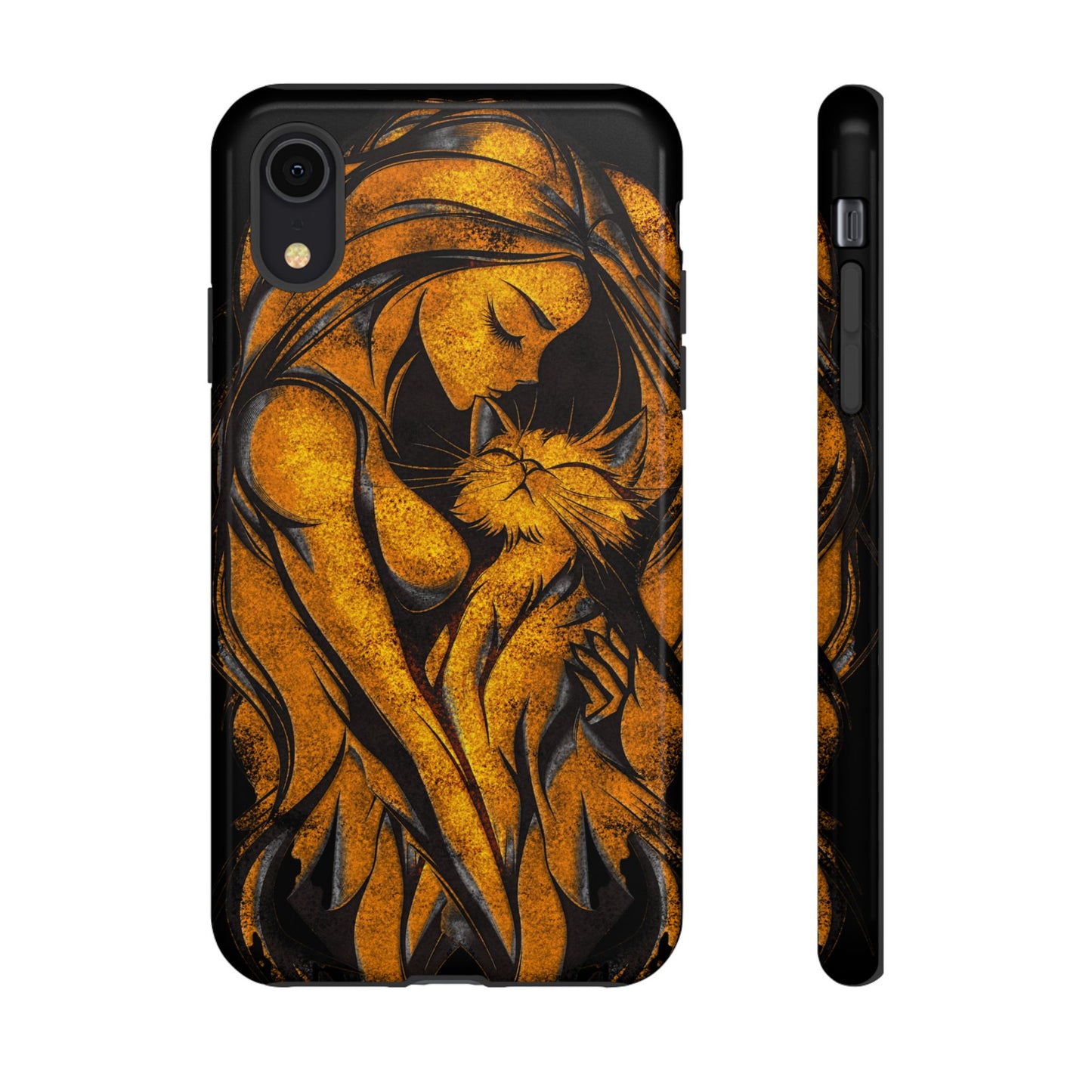 Phone Tough Case, Woman Hugging Cat, Gold on Black, Gift for Cat Lovers, Protective Case, Mobile Accessories