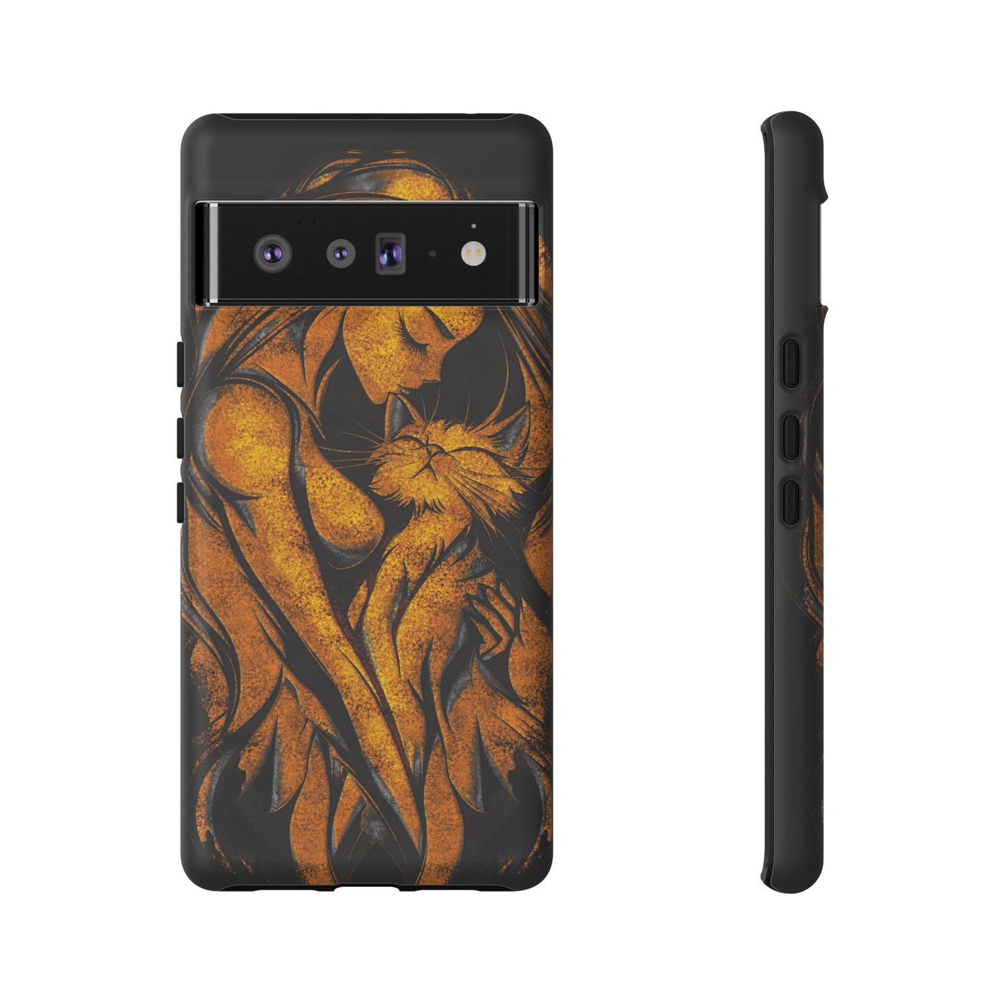 Phone Tough Case, Woman Hugging Cat, Gold on Black, Gift for Cat Lovers, Protective Case, Mobile Accessories