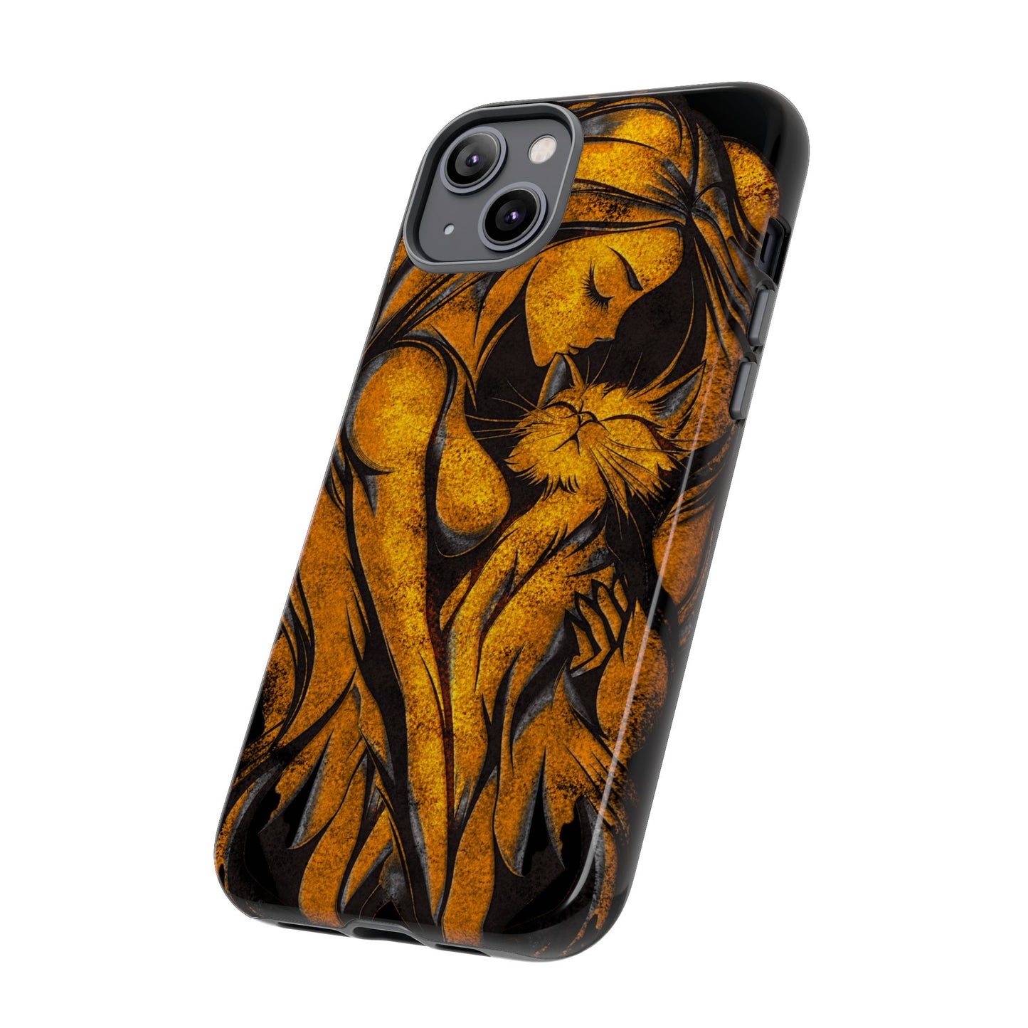 Phone Tough Case, Woman Hugging Cat, Gold on Black, Gift for Cat Lovers, Protective Case, Mobile Accessories