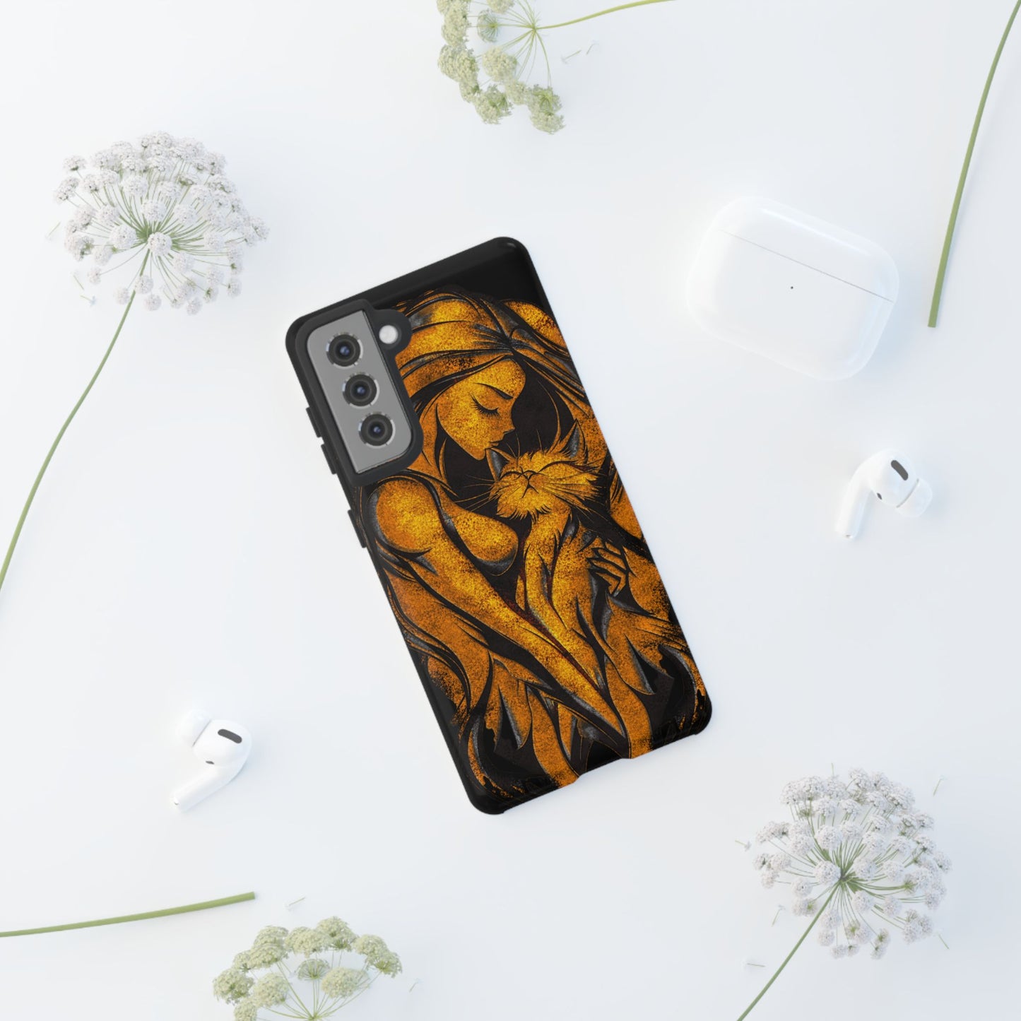 Phone Tough Case, Woman Hugging Cat, Gold on Black, Gift for Cat Lovers, Protective Case, Mobile Accessories