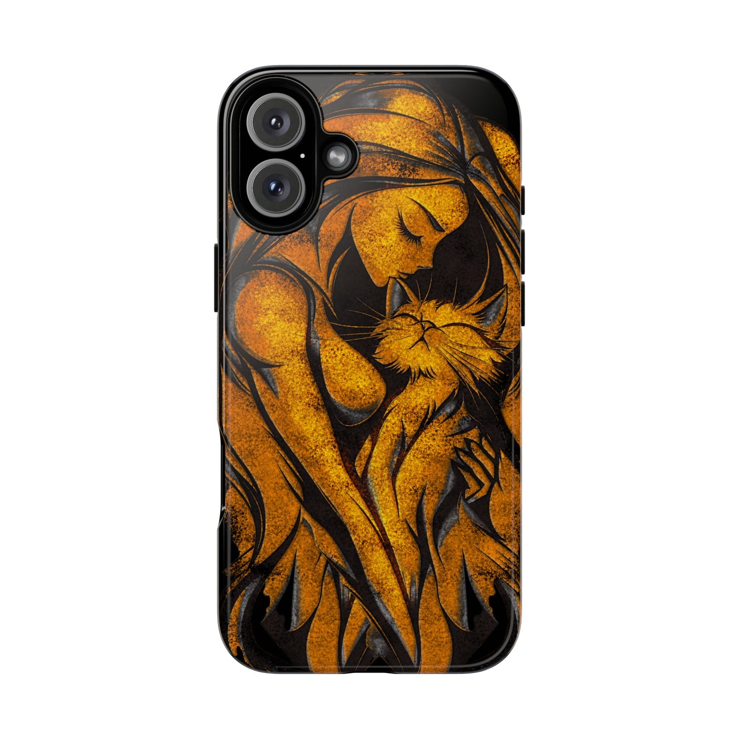 Phone Tough Case, Woman Hugging Cat, Gold on Black, Gift for Cat Lovers, Protective Case, Mobile Accessories