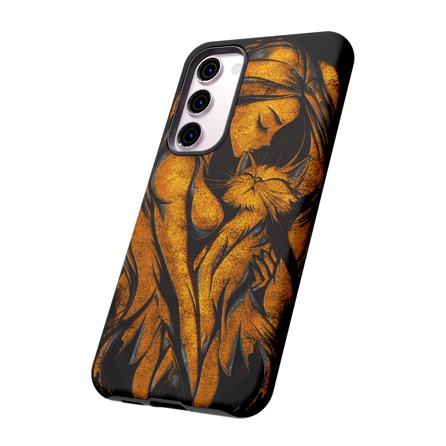 Phone Tough Case, Woman Hugging Cat, Gold on Black, Gift for Cat Lovers, Protective Case, Mobile Accessories
