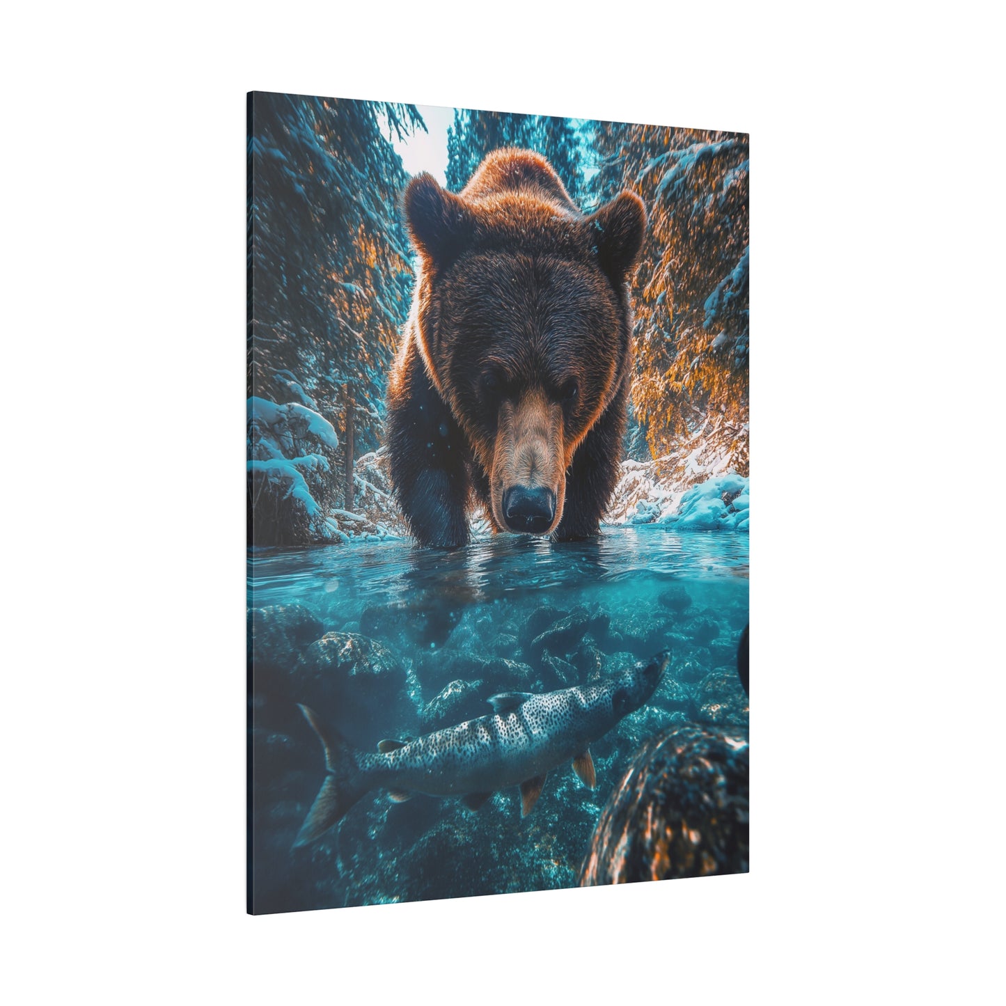 A Vertical Canvas Print of - A Bear Fishing in Winter.