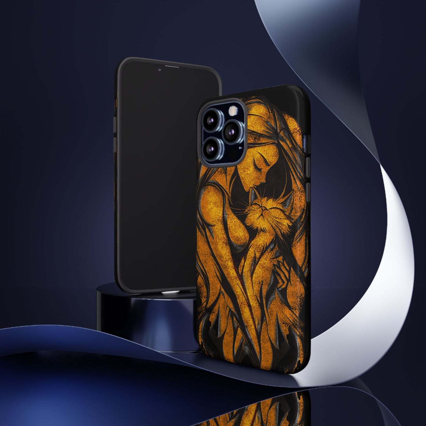 Phone Tough Case, Woman Hugging Cat, Gold on Black, Gift for Cat Lovers, Protective Case, Mobile Accessories