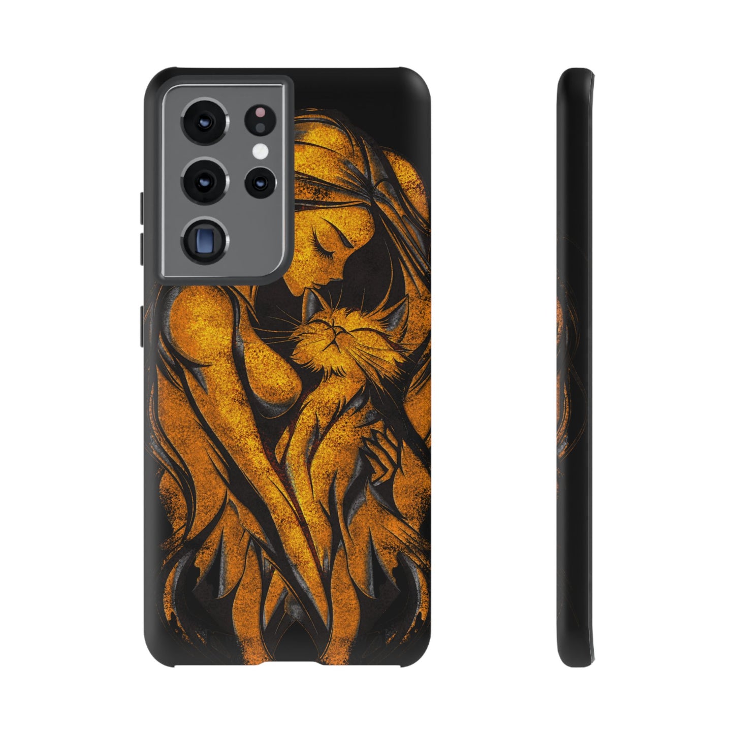 Phone Tough Case, Woman Hugging Cat, Gold on Black, Gift for Cat Lovers, Protective Case, Mobile Accessories