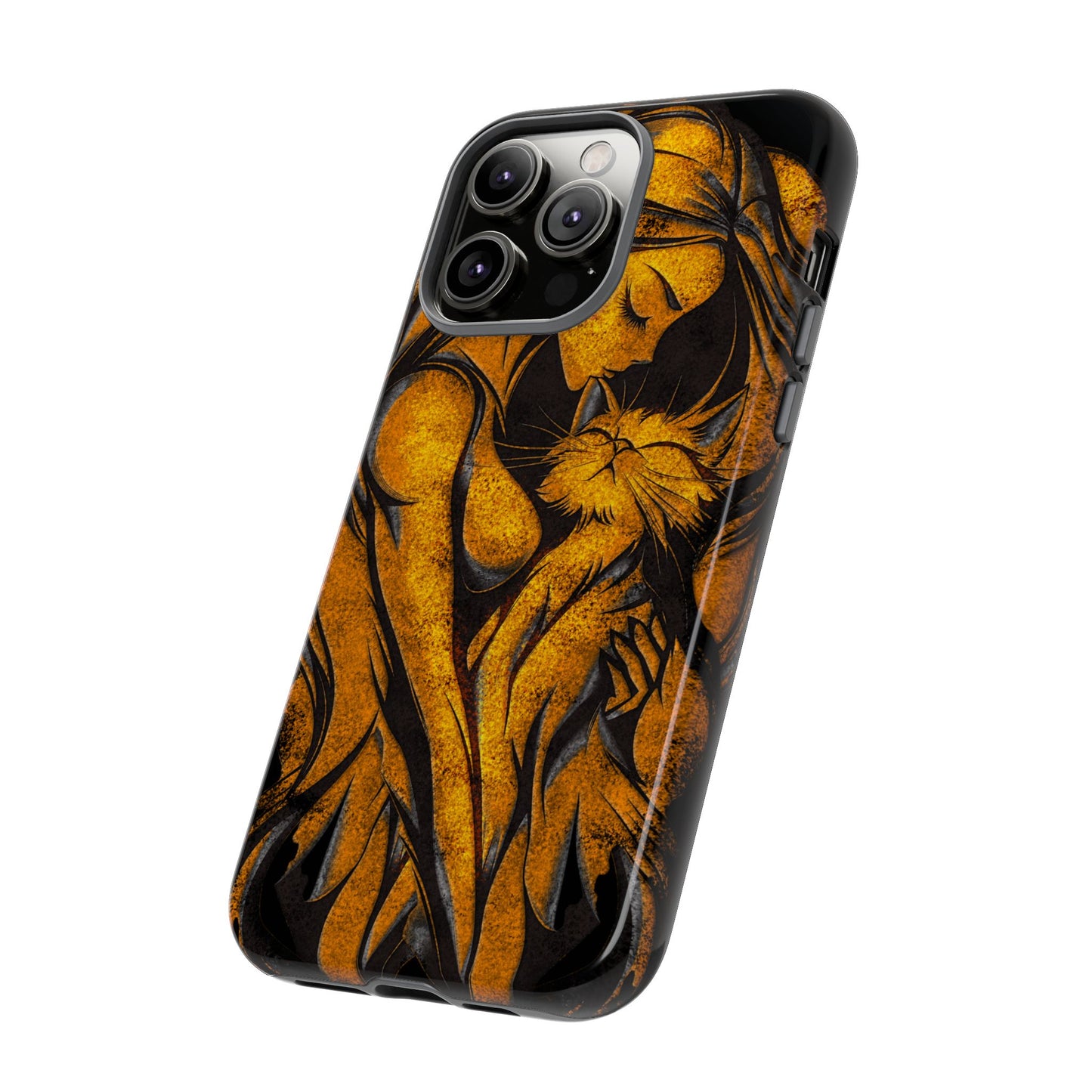 Phone Tough Case, Woman Hugging Cat, Gold on Black, Gift for Cat Lovers, Protective Case, Mobile Accessories