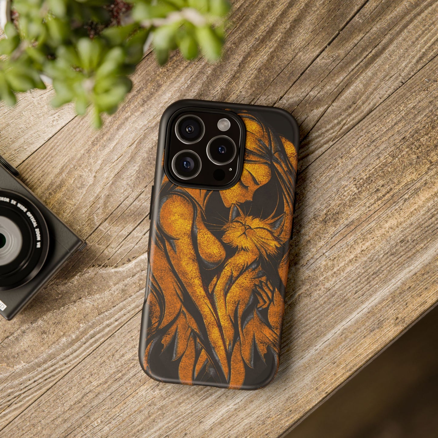 Phone Tough Case, Woman Hugging Cat, Gold on Black, Gift for Cat Lovers, Protective Case, Mobile Accessories