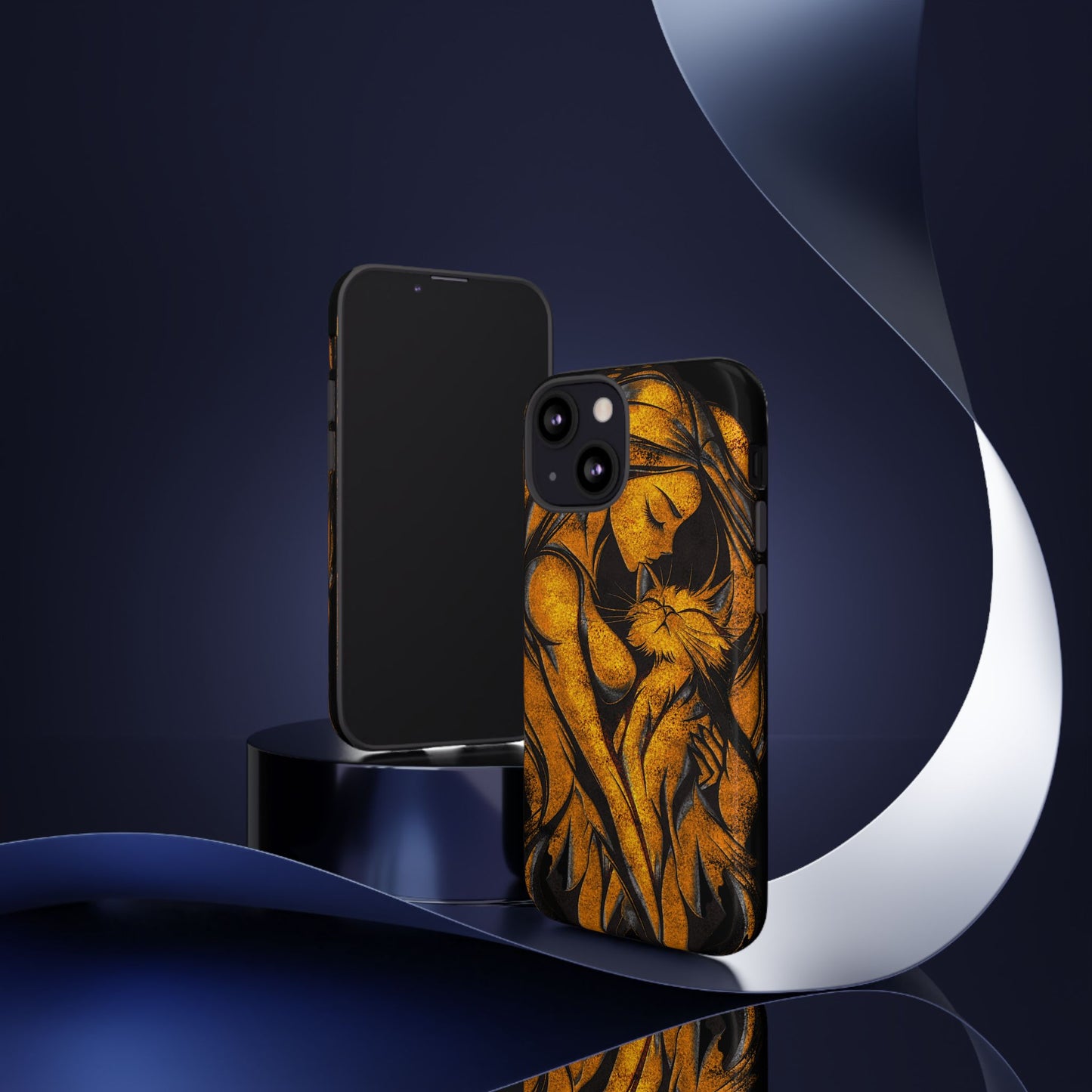 Phone Tough Case, Woman Hugging Cat, Gold on Black, Gift for Cat Lovers, Protective Case, Mobile Accessories