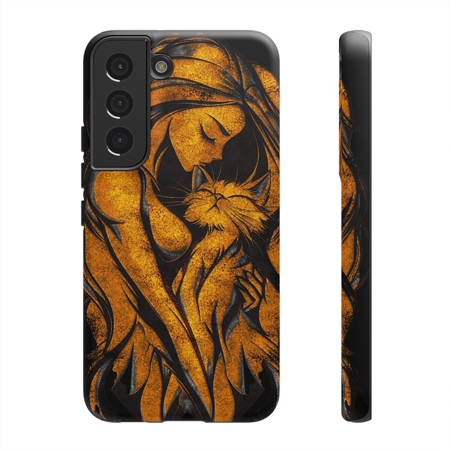 Phone Tough Case, Woman Hugging Cat, Gold on Black, Gift for Cat Lovers, Protective Case, Mobile Accessories