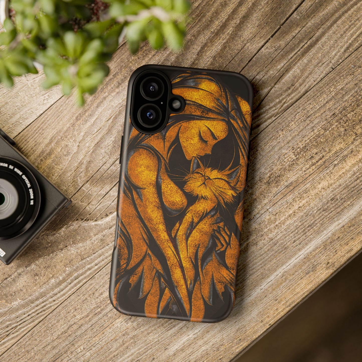 Phone Tough Case, Woman Hugging Cat, Gold on Black, Gift for Cat Lovers, Protective Case, Mobile Accessories