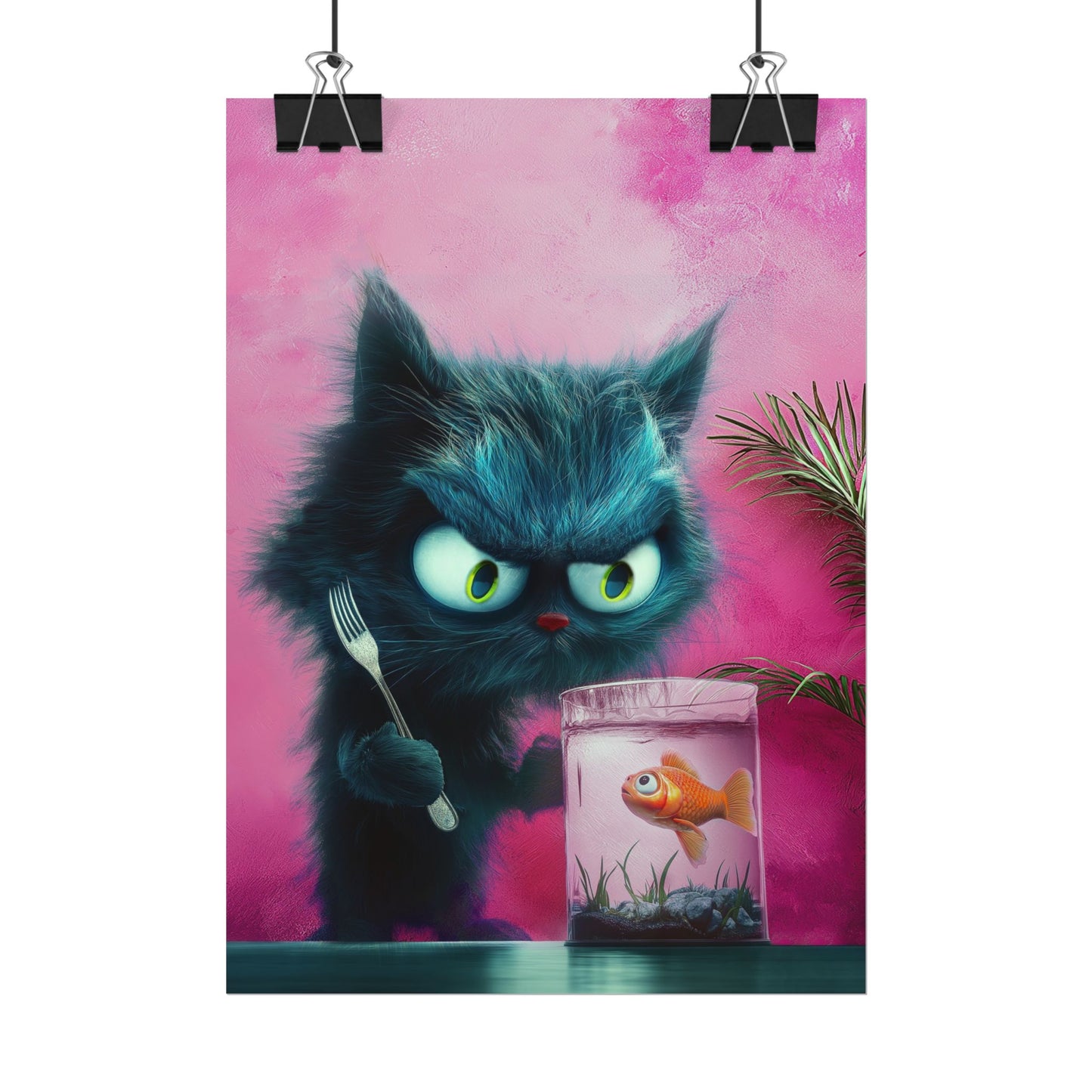 A Vertical Poster Print of - A Cute Cat About to Eat a Fish Rolled Poster, Wall Art Prints, Kids Room Decor, Cat Poster, Animal Art Poster