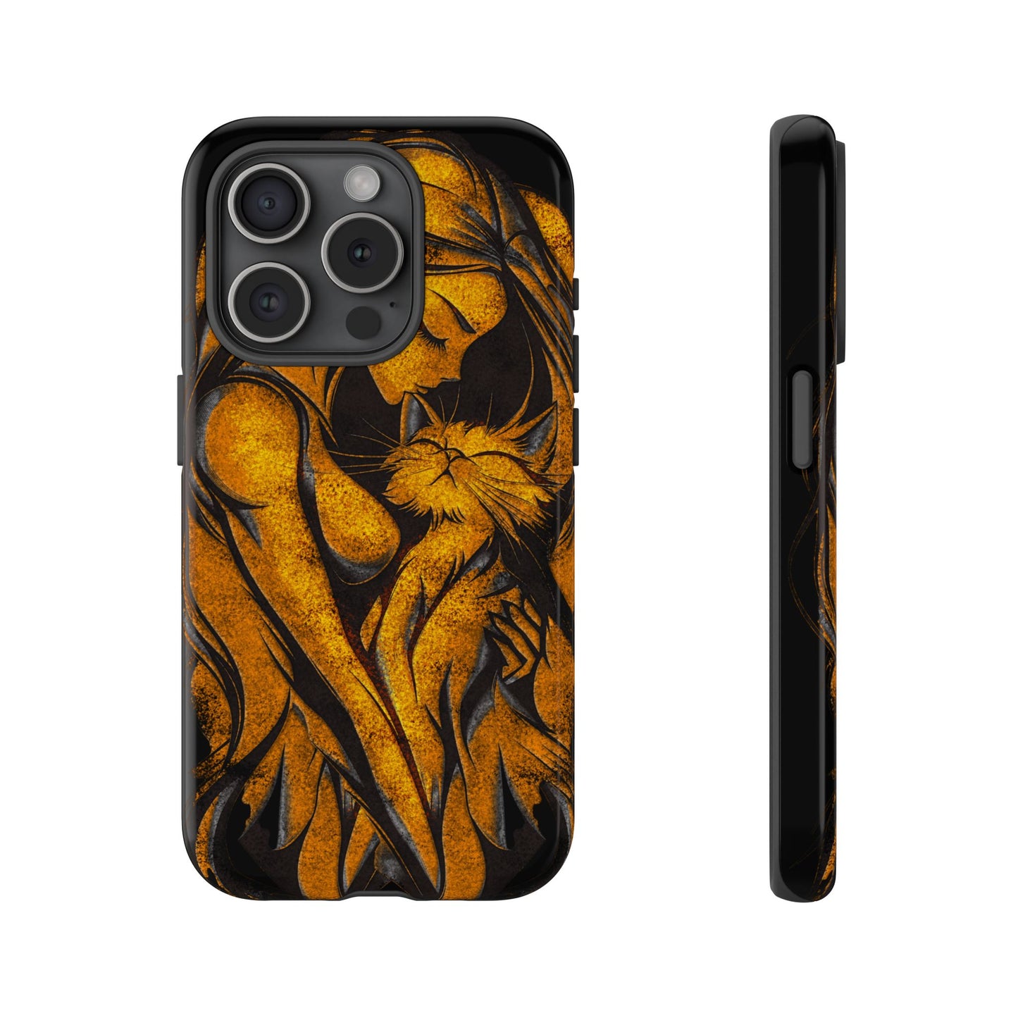 Phone Tough Case, Woman Hugging Cat, Gold on Black, Gift for Cat Lovers, Protective Case, Mobile Accessories