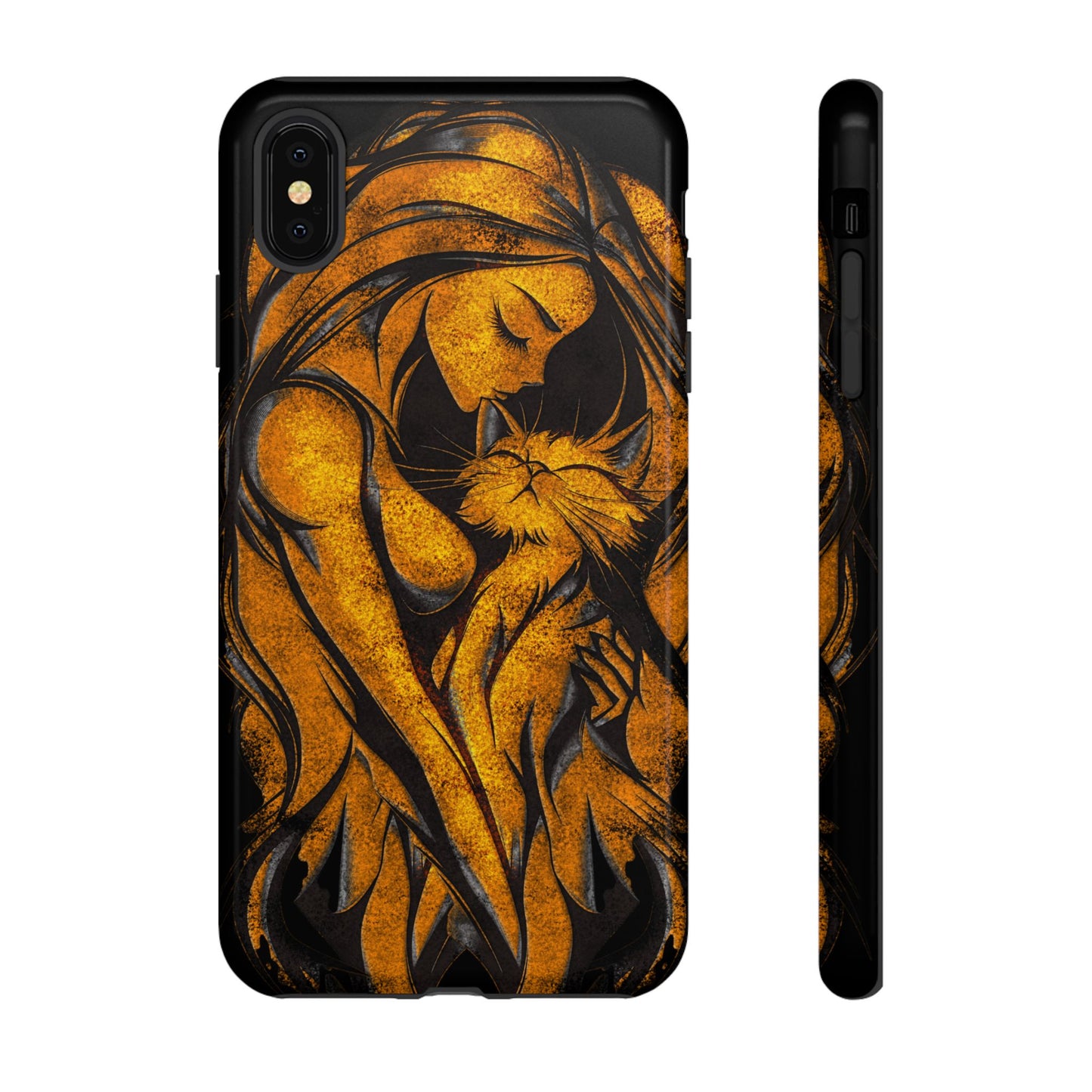 Phone Tough Case, Woman Hugging Cat, Gold on Black, Gift for Cat Lovers, Protective Case, Mobile Accessories