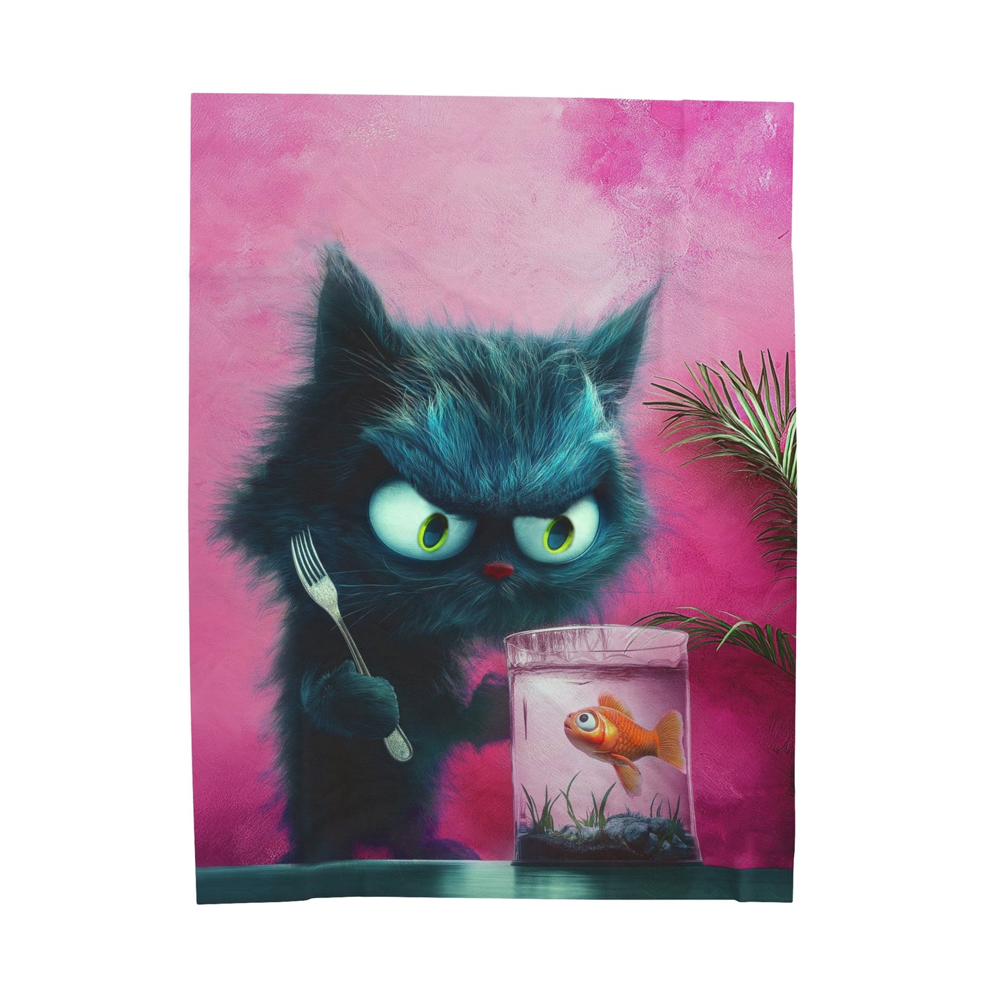 Velveteen Plush Throw Blanket - Cat About to Eat a Fish Design