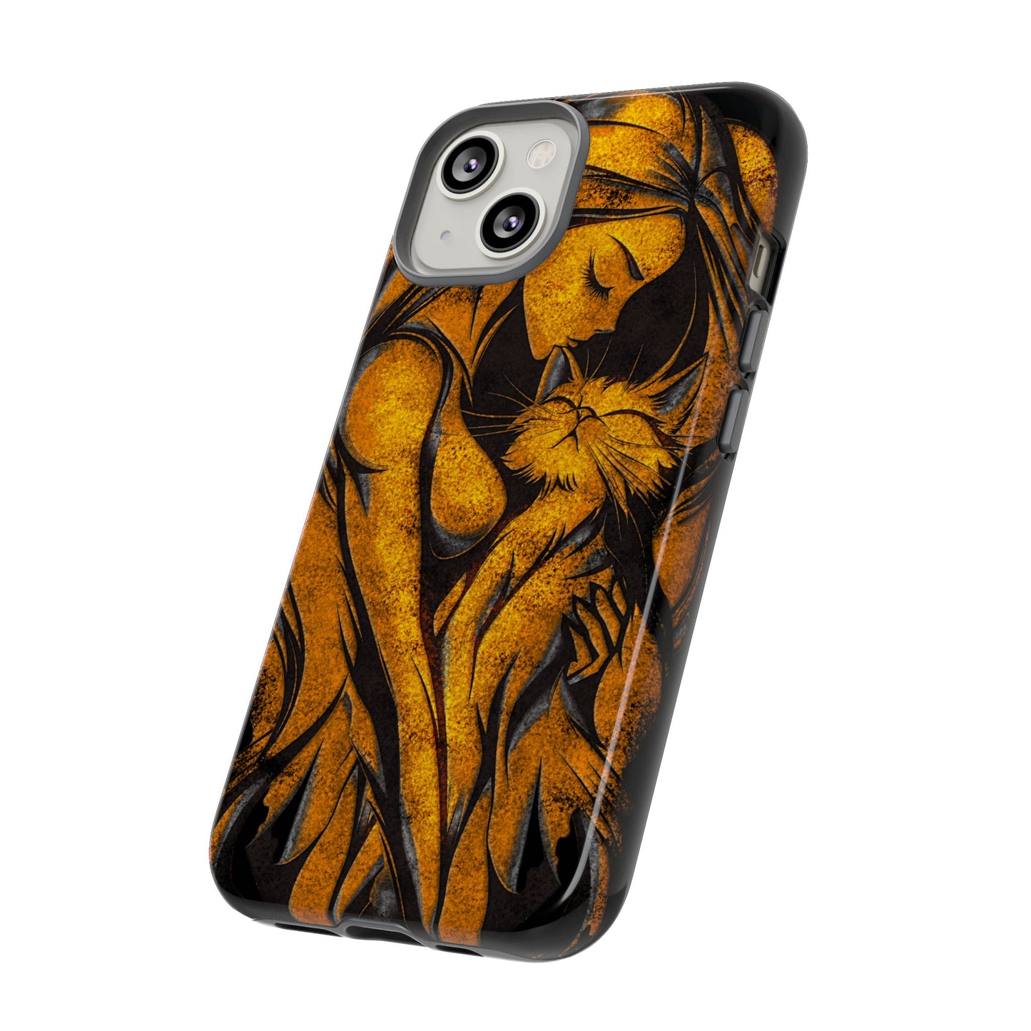 Phone Tough Case, Woman Hugging Cat, Gold on Black, Gift for Cat Lovers, Protective Case, Mobile Accessories