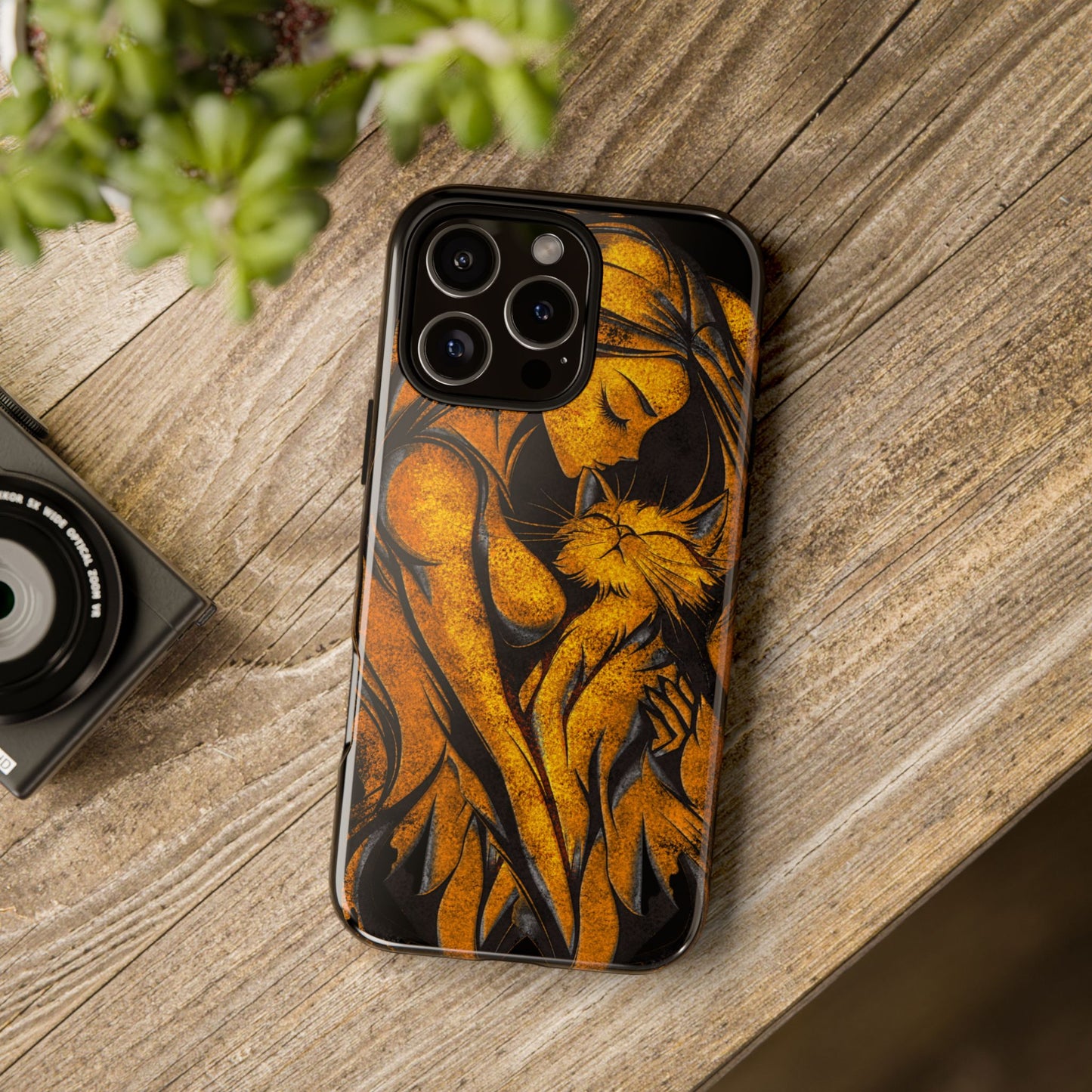 Phone Tough Case, Woman Hugging Cat, Gold on Black, Gift for Cat Lovers, Protective Case, Mobile Accessories