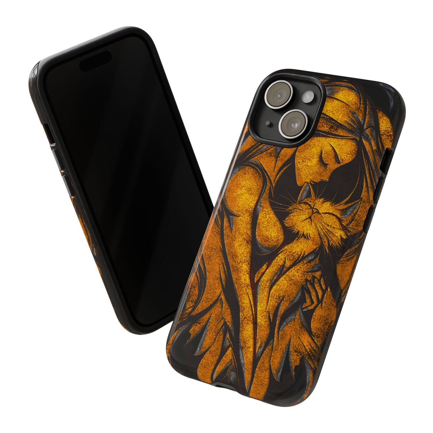 Phone Tough Case, Woman Hugging Cat, Gold on Black, Gift for Cat Lovers, Protective Case, Mobile Accessories