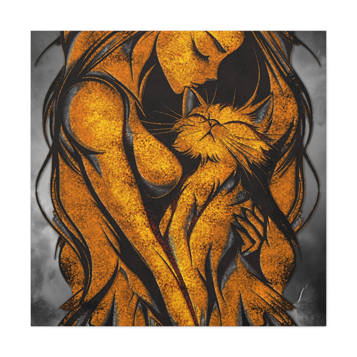 A Vertical Canvas Wall Print, Golden Woman Hugging Cat, Home Decor Wall Art, Matte Print, Stretched Canvas, Gift for Cat Lovers, Wall Decor.
