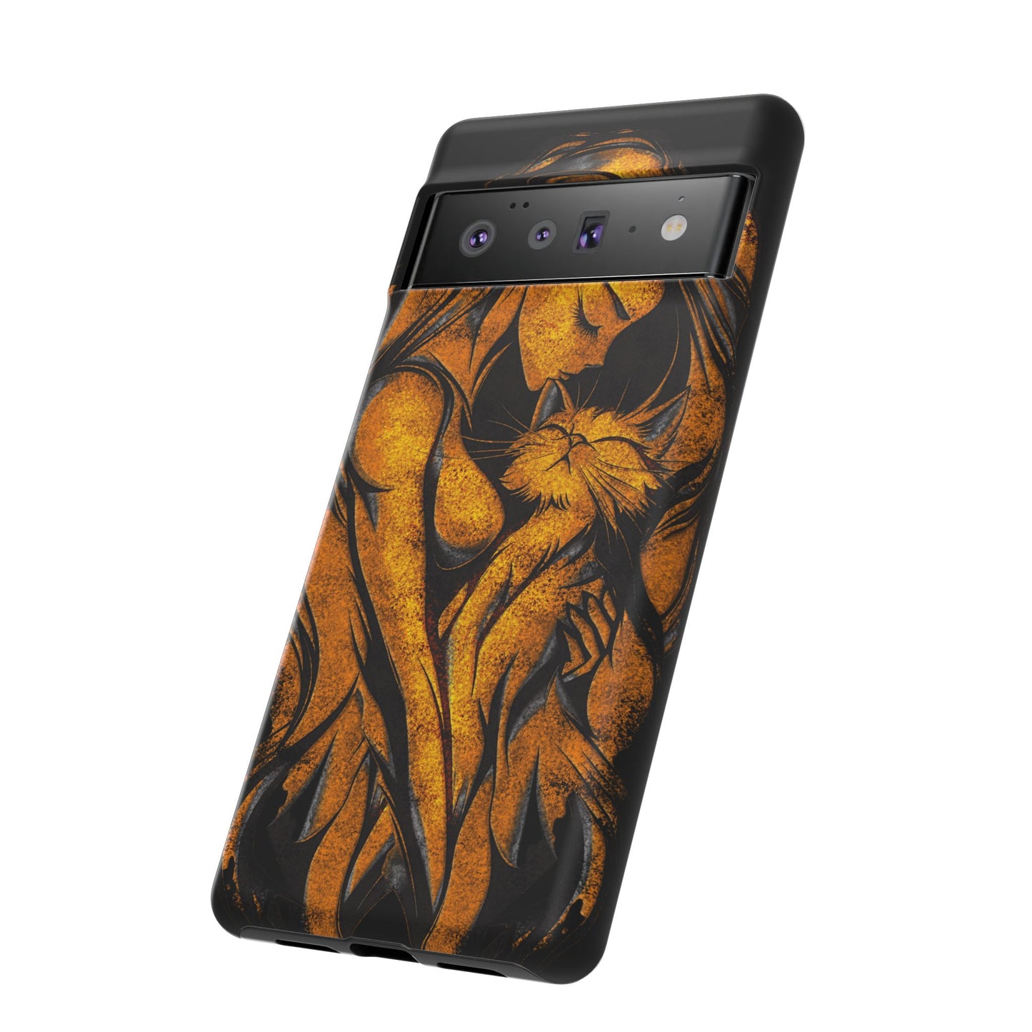 Phone Tough Case, Woman Hugging Cat, Gold on Black, Gift for Cat Lovers, Protective Case, Mobile Accessories